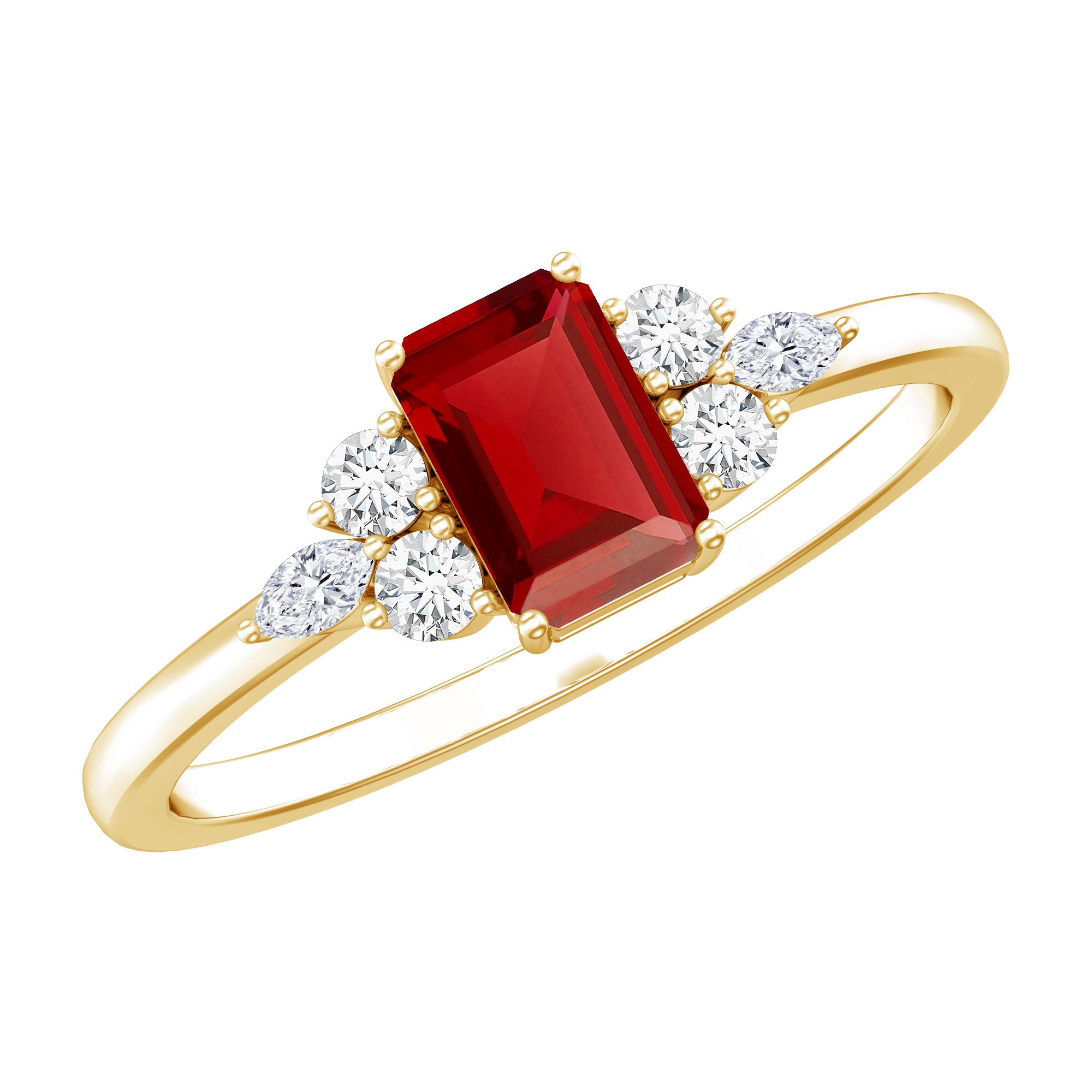 0.75 Carat Emerald Cut Lab Created Ruby and Diamond Promise Ring in Silver AAAA 14K Yellow Gold Plated Silver - Rosec Jewels