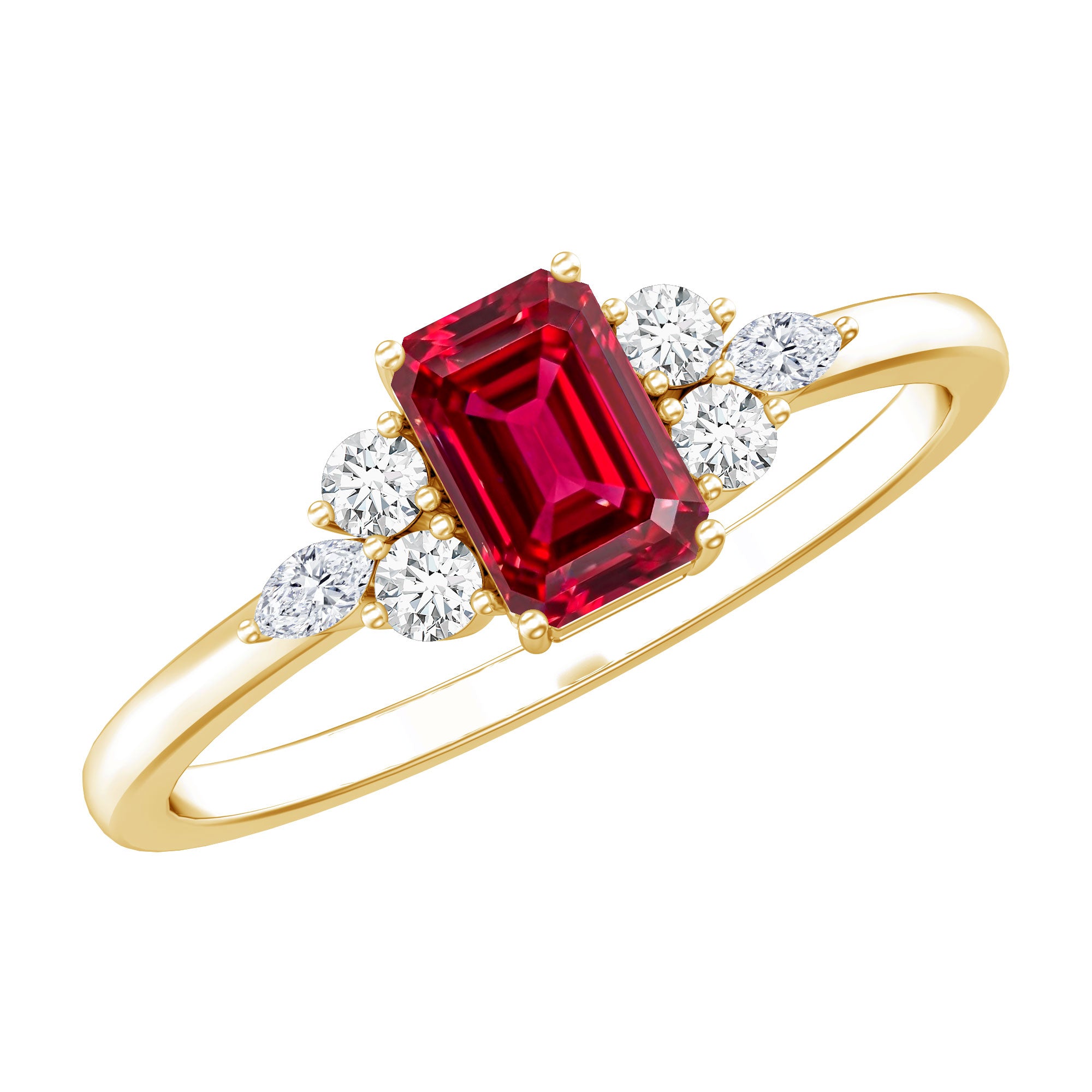 0.75 Carat Emerald Cut Lab Created Ruby and Diamond Promise Ring in Silver AAAA 14K Yellow Gold Plated Silver - Rosec Jewels
