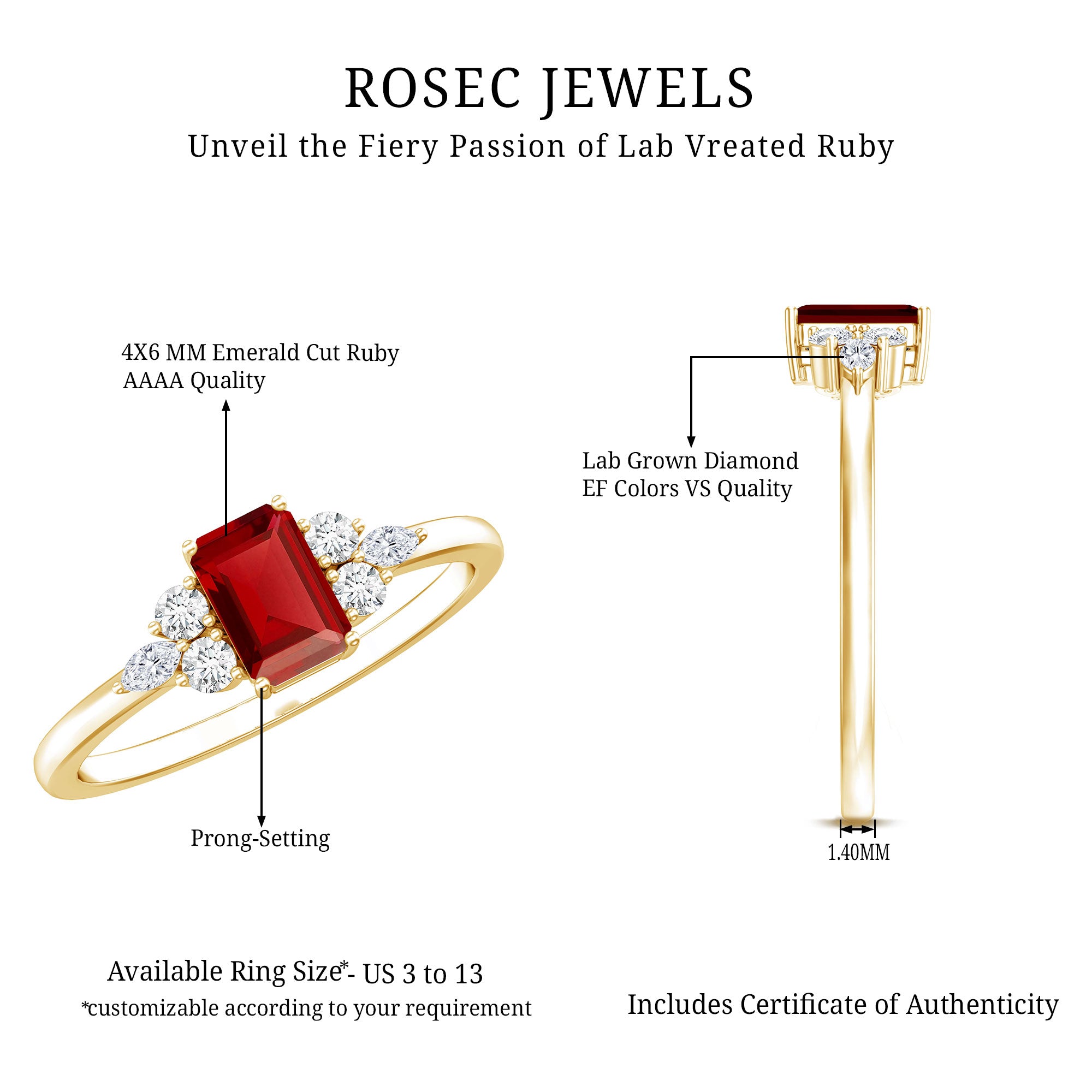 0.75 Carat Emerald Cut Lab Created Ruby and Diamond Promise Ring in Silver AAAA 14K Yellow Gold Plated Silver - Rosec Jewels