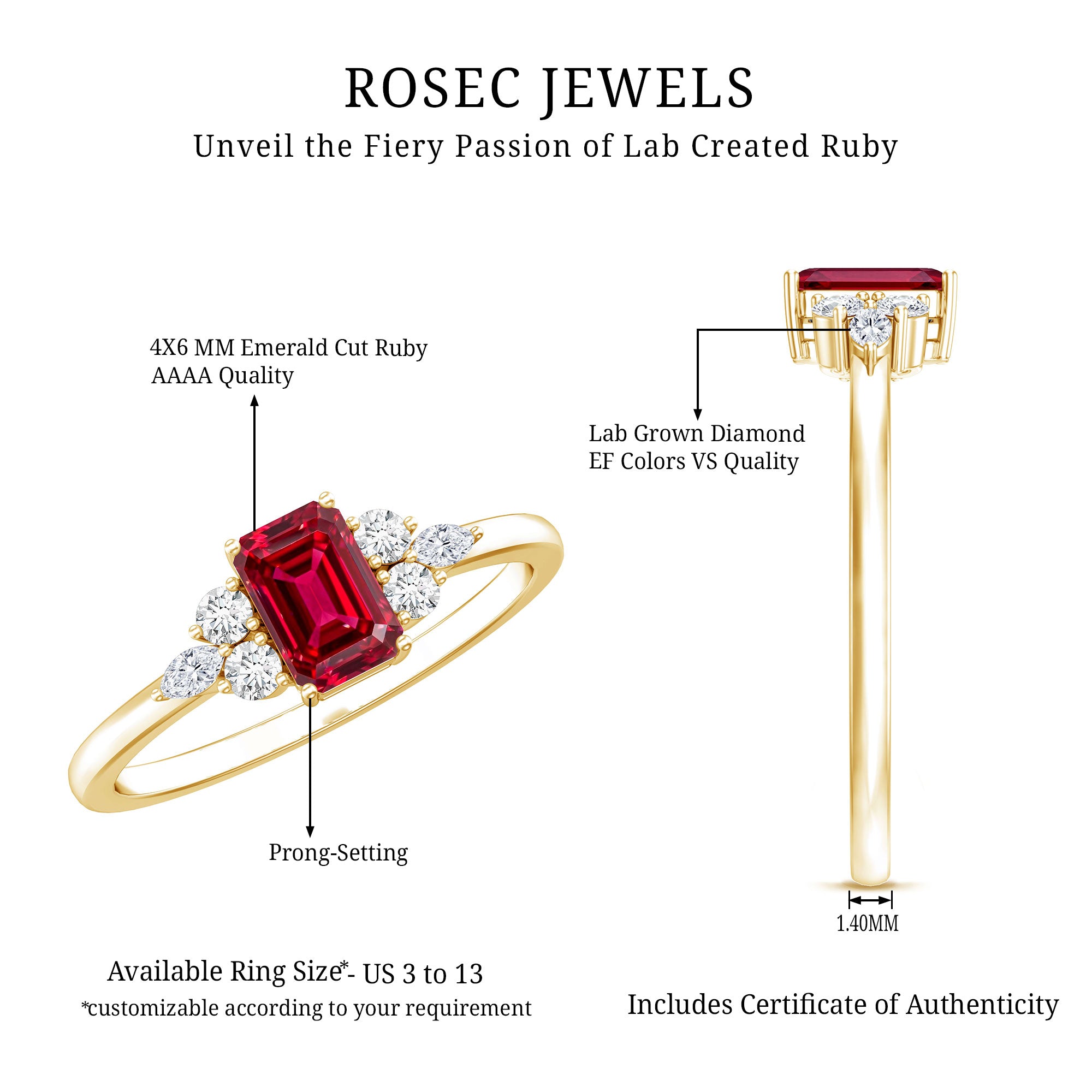 0.75 Carat Emerald Cut Lab Created Ruby and Diamond Promise Ring in Silver AAAA 14K Yellow Gold Plated Silver - Rosec Jewels