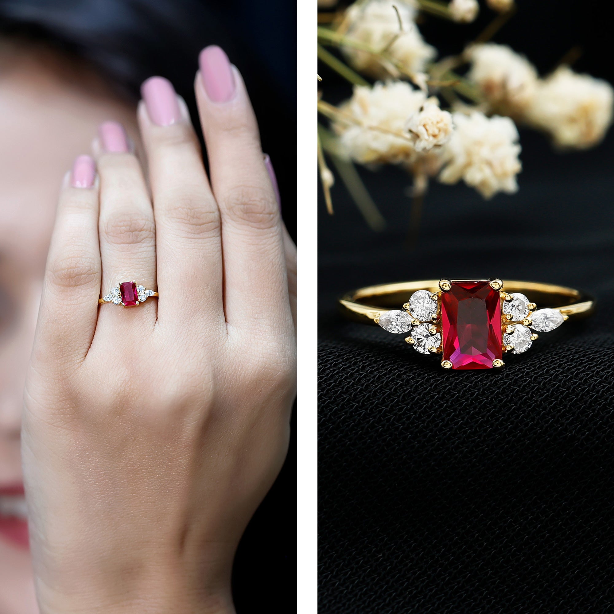0.75 Carat Emerald Cut Lab Created Ruby and Diamond Promise Ring in Silver AAAA 14K Yellow Gold Plated Silver - Rosec Jewels