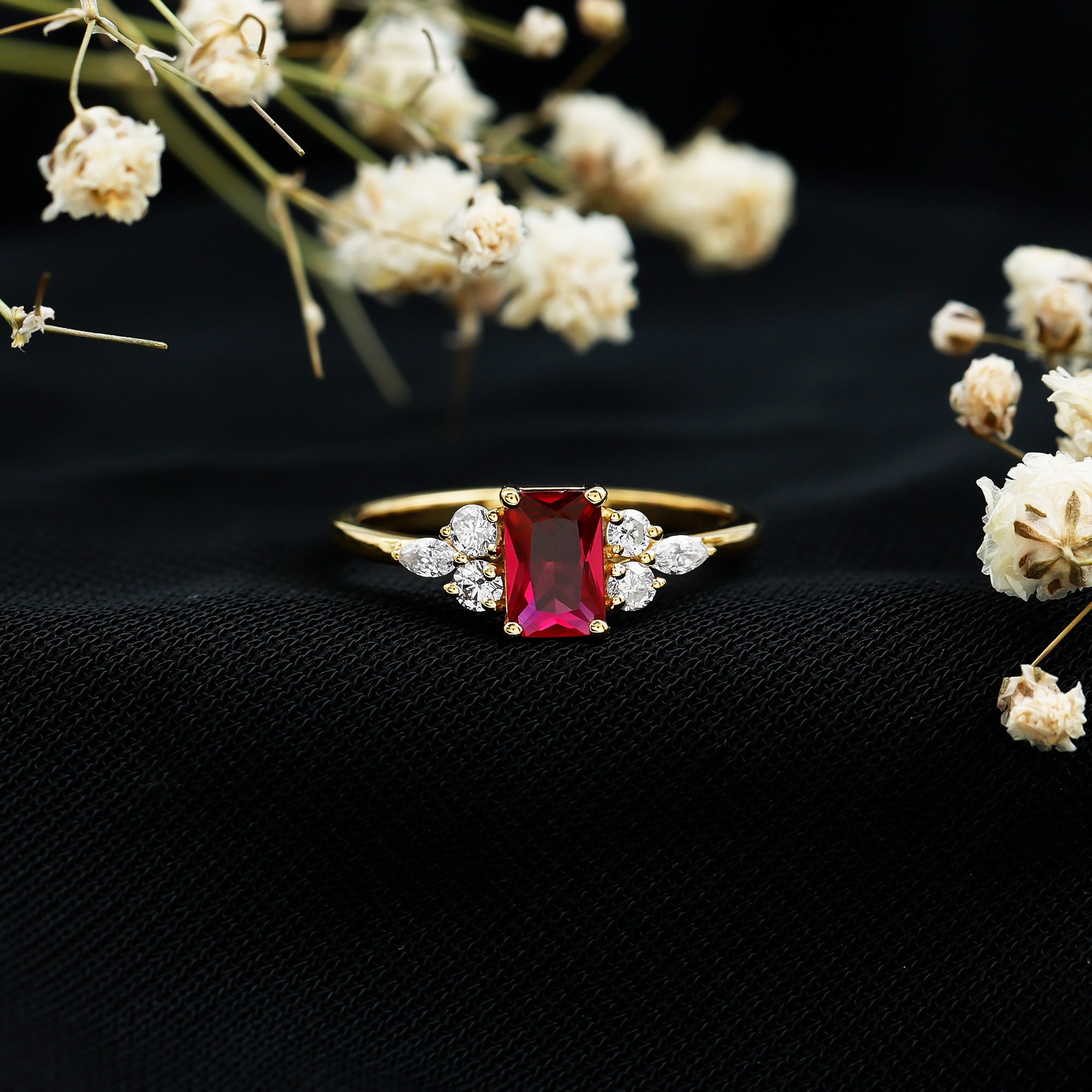 0.75 Carat Emerald Cut Lab Created Ruby and Diamond Promise Ring in Silver AAAA 14K Yellow Gold Plated Silver - Rosec Jewels