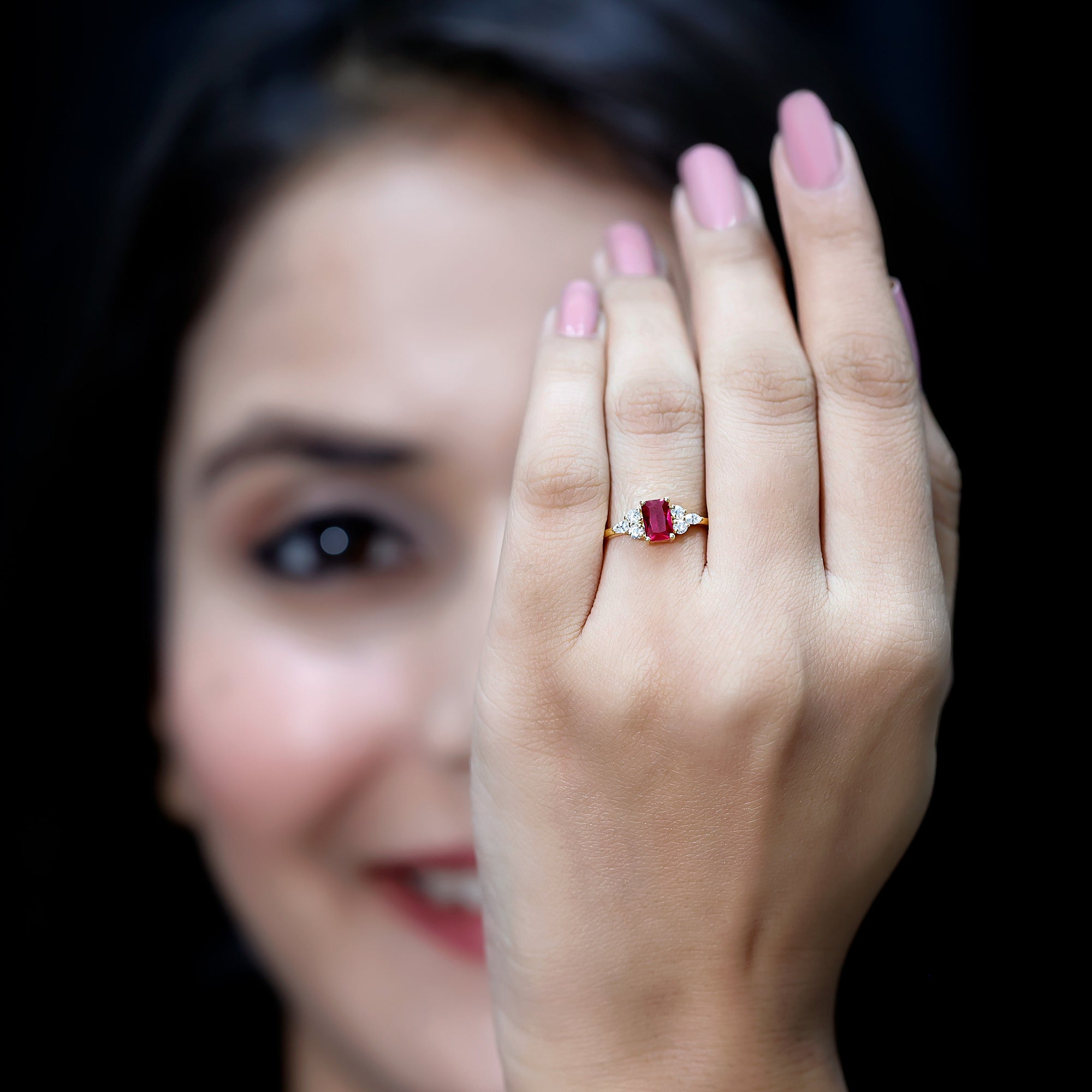 0.75 Carat Emerald Cut Lab Created Ruby and Diamond Promise Ring in Silver AAAA 14K Yellow Gold Plated Silver - Rosec Jewels