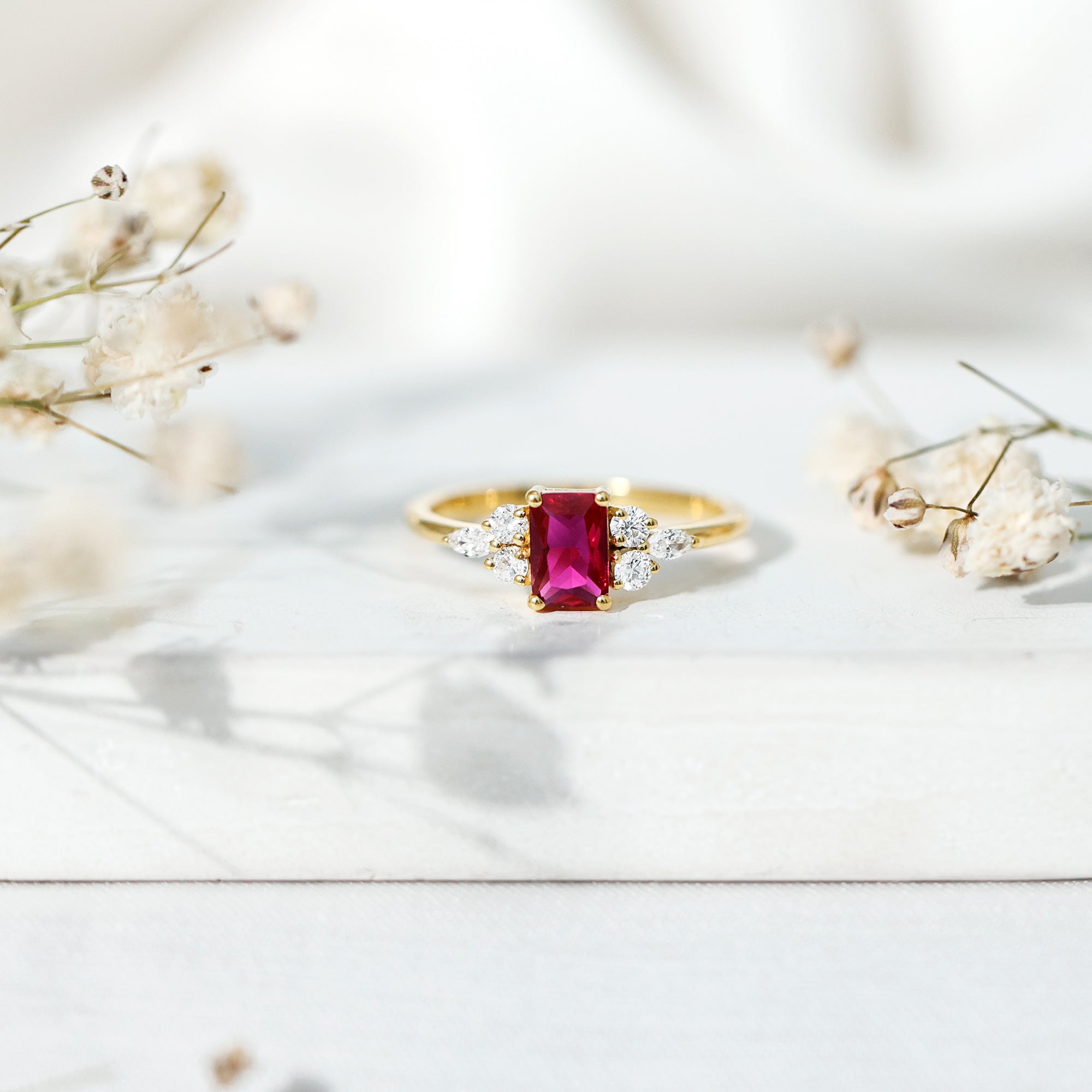 0.75 Carat Emerald Cut Lab Created Ruby and Diamond Promise Ring in Silver AAAA 14K Yellow Gold Plated Silver - Rosec Jewels