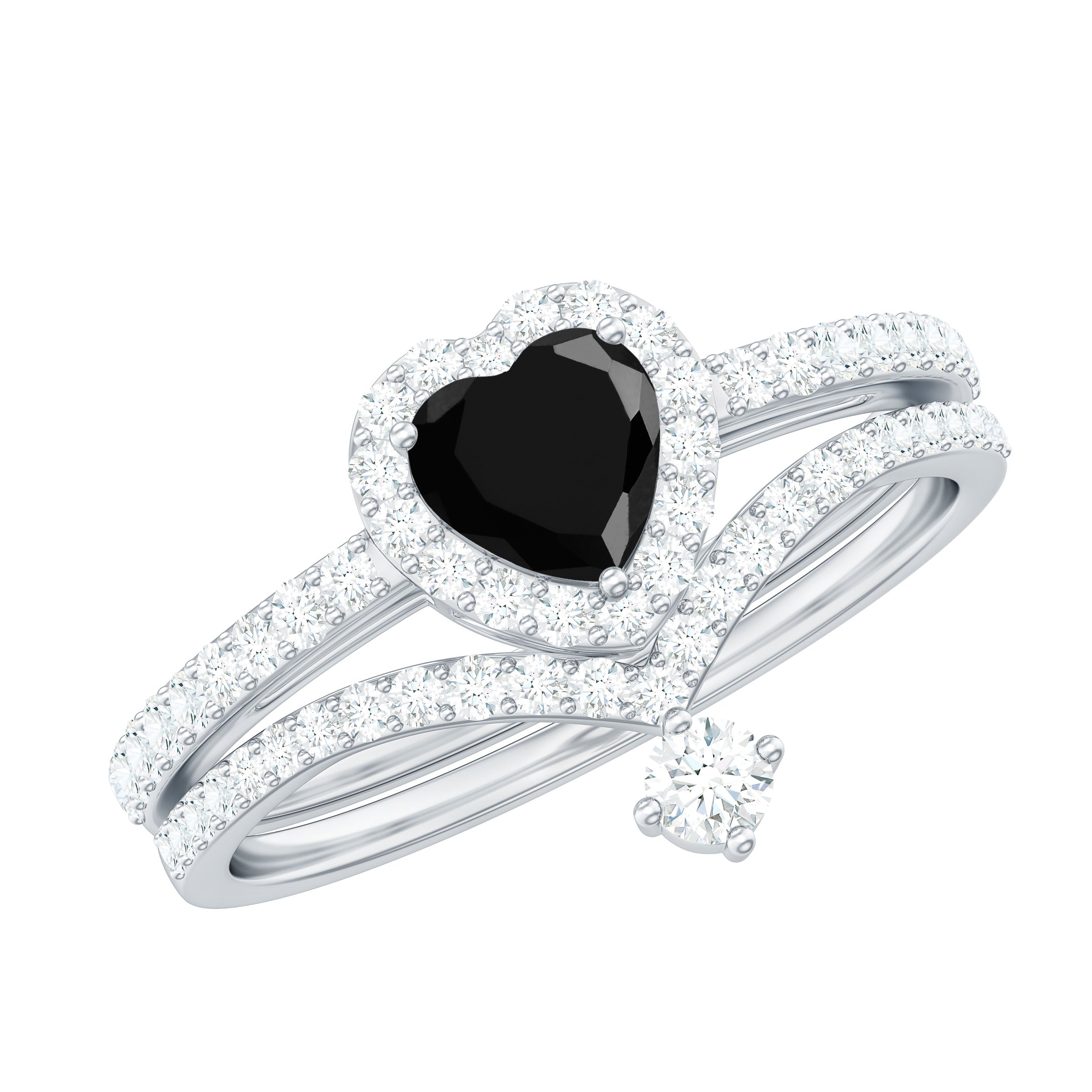 Created Black Diamond Heart Engagement Ring Set with Diamond AAAA ( Synthetic ) - Rosec Jewels