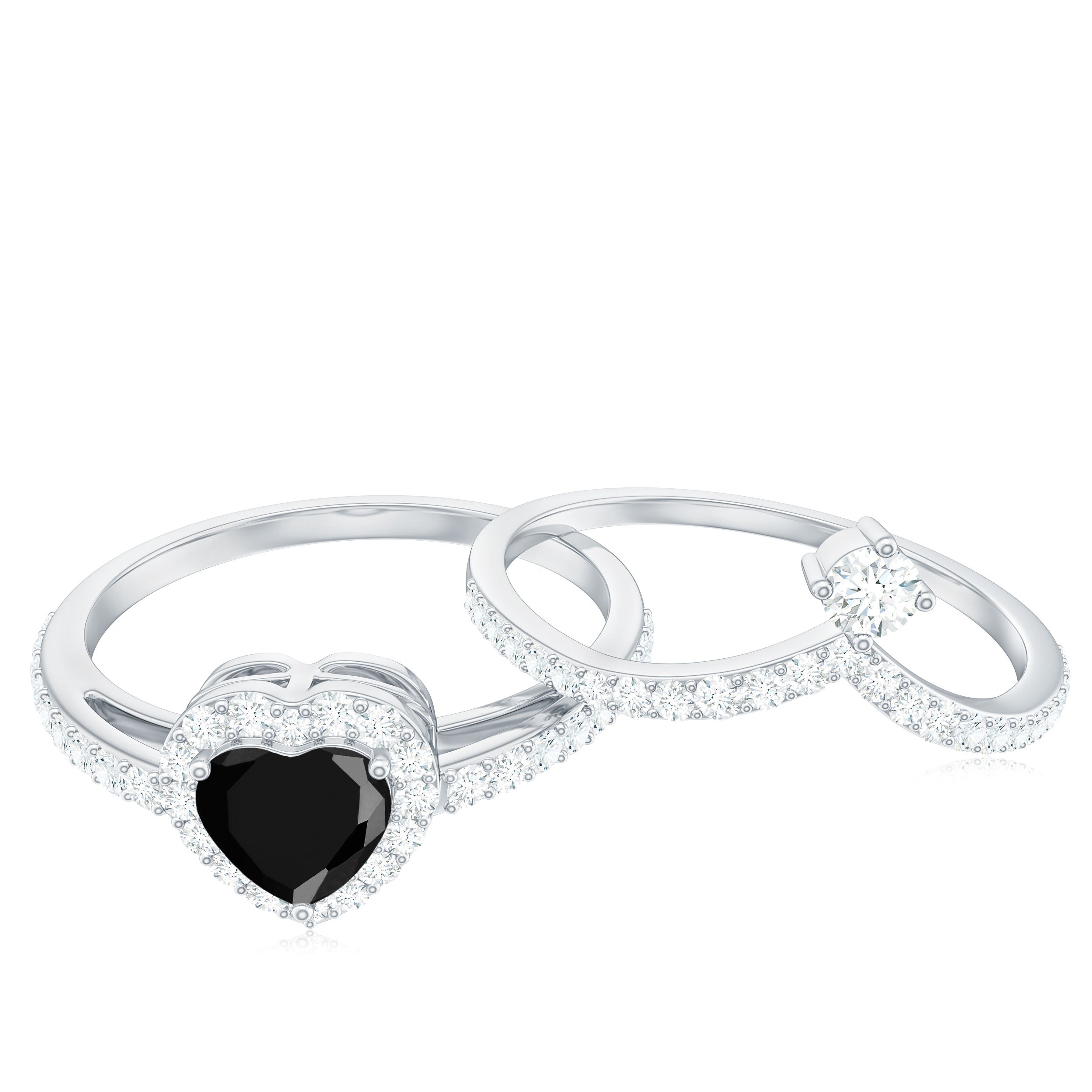 Created Black Diamond Heart Engagement Ring Set with Diamond AAAA ( Synthetic ) - Rosec Jewels