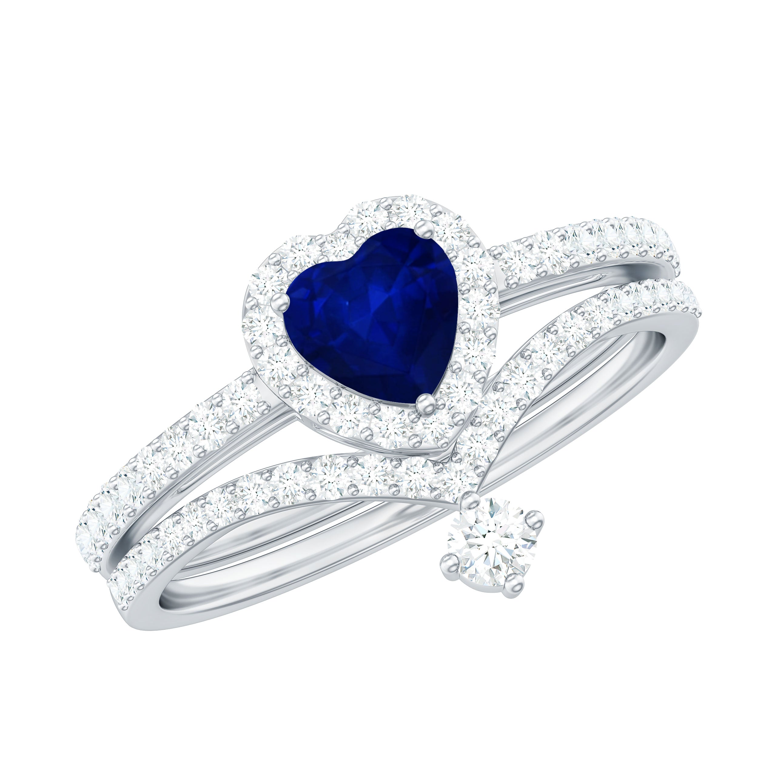 Heart Shape Blue Sapphire Ring Set with Moissanite