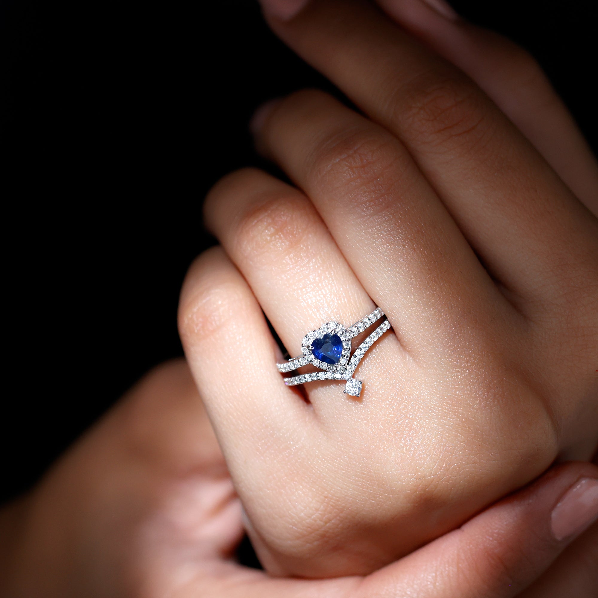 Rosec Jewels-Real Heart Shape Blue Sapphire and Diamond Halo Wedding Ring Set