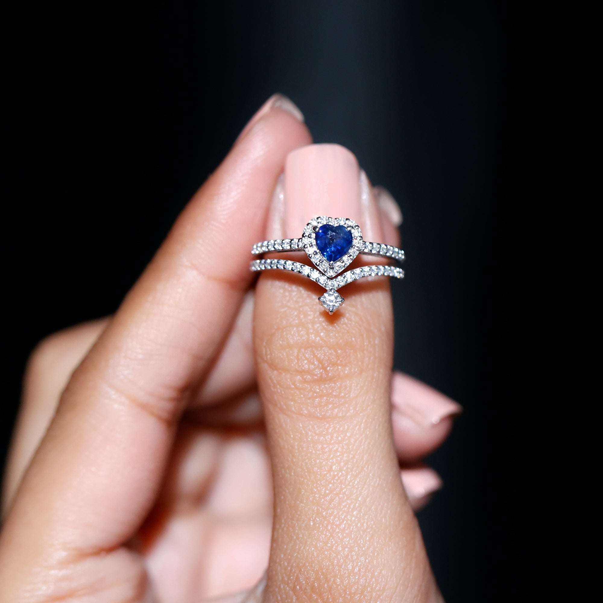 Rosec Jewels-Real Heart Shape Blue Sapphire and Diamond Halo Wedding Ring Set