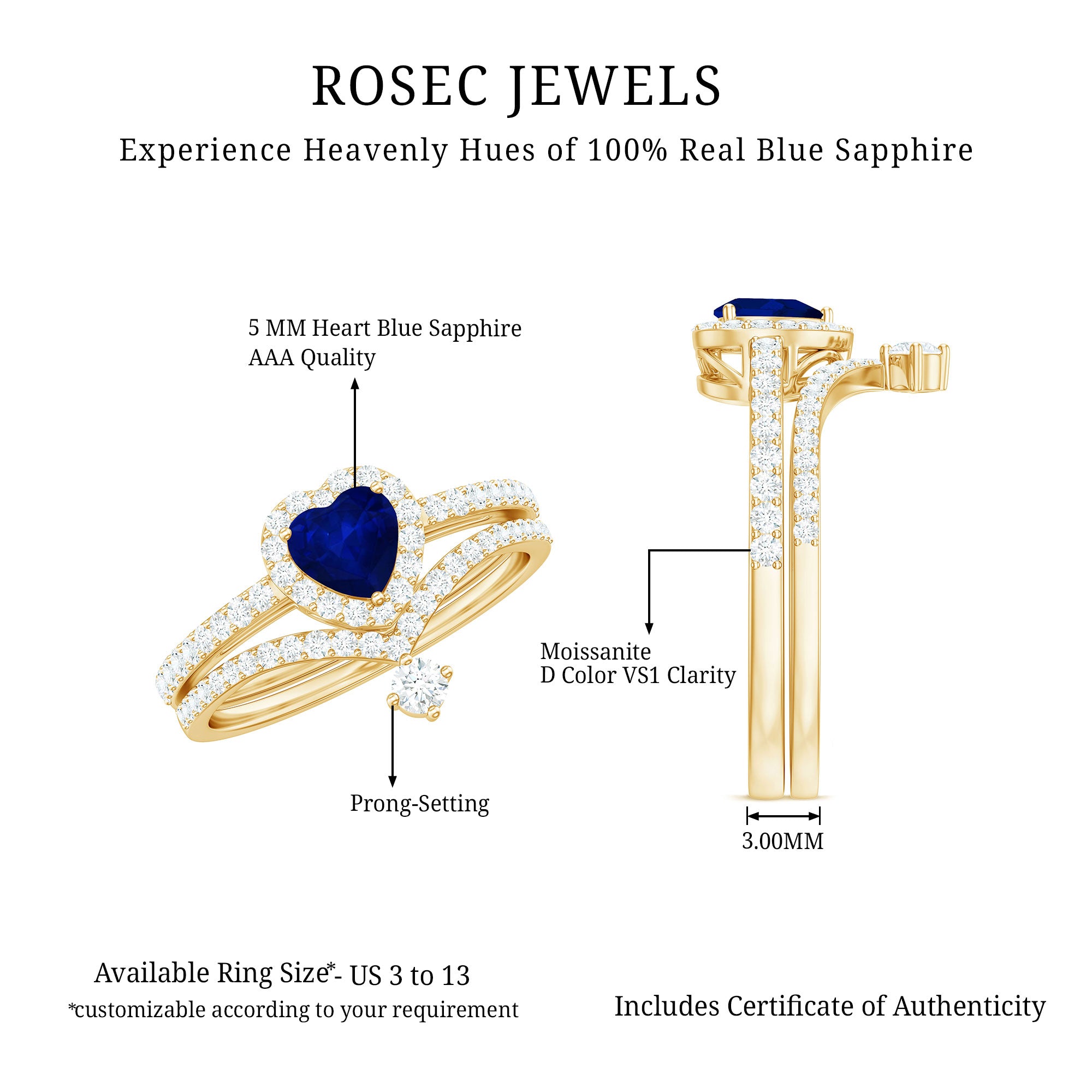 Rosec Jewels-Real Heart Shape Blue Sapphire and Diamond Halo Wedding Ring Set