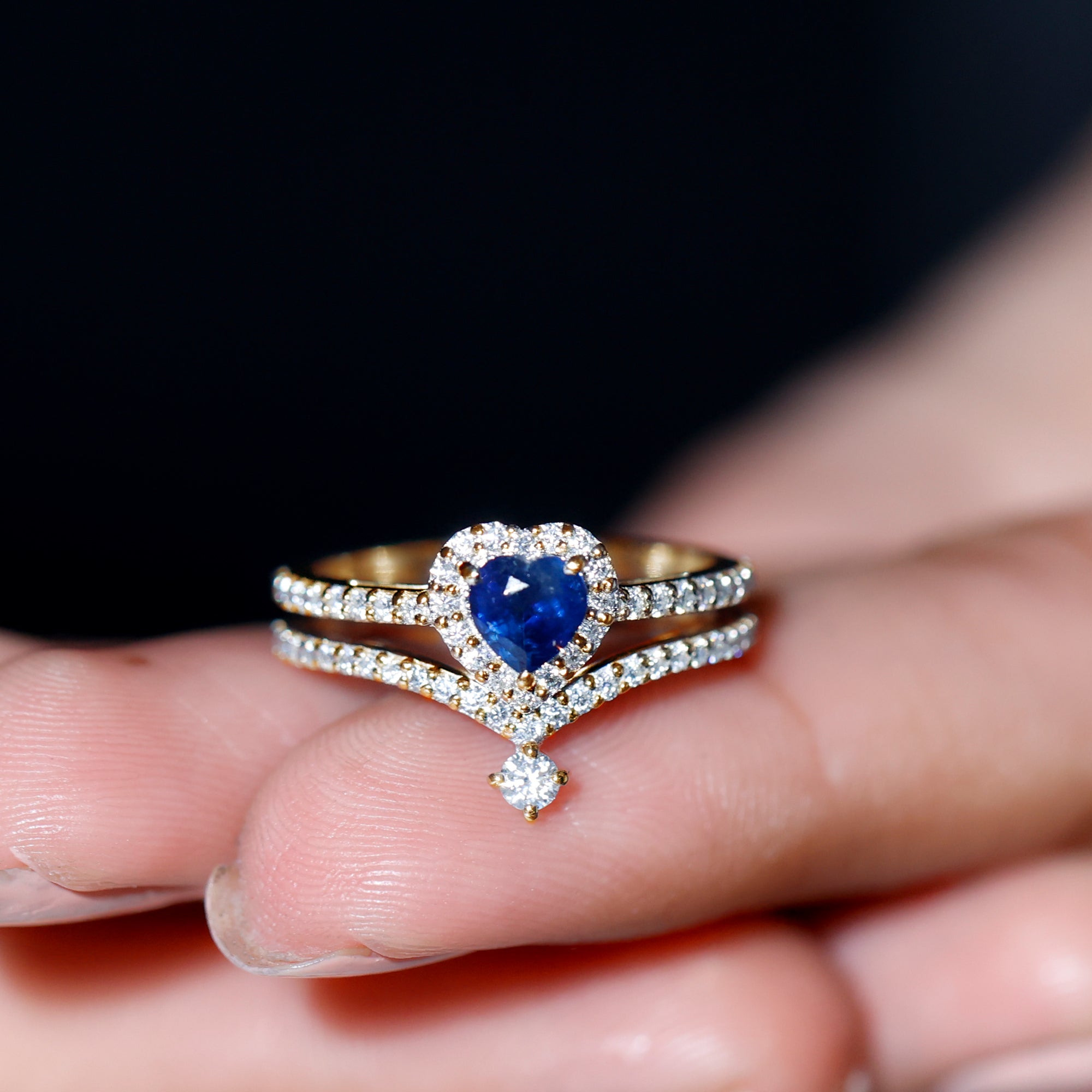 Rosec Jewels-Real Heart Shape Blue Sapphire and Diamond Halo Wedding Ring Set