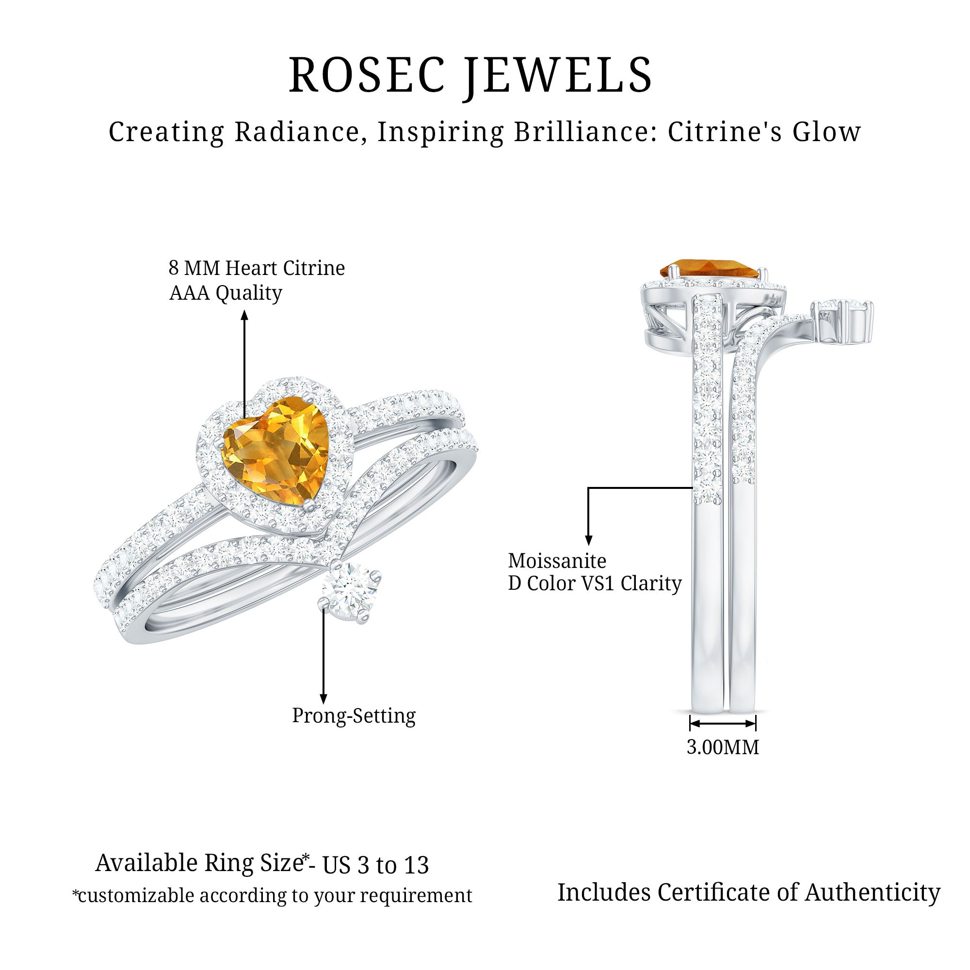 Certified Real Citrine Heart Shape Engagement Ring with Diamond Enhancer AAA - Rosec Jewels