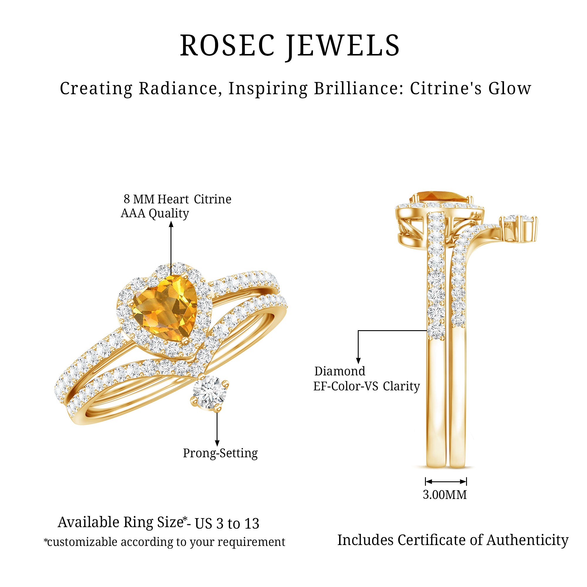 Certified Real Citrine Heart Shape Engagement Ring with Diamond Enhancer AAA - Rosec Jewels