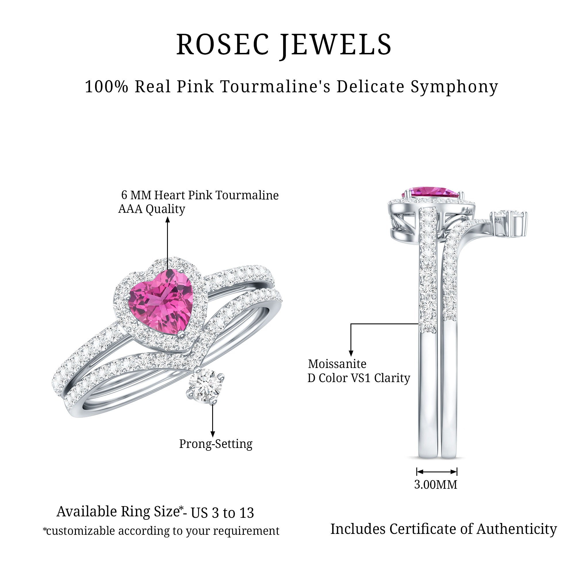 Genuine Pink Tourmaline Ring Set with Moissanite AAA - Rosec Jewels