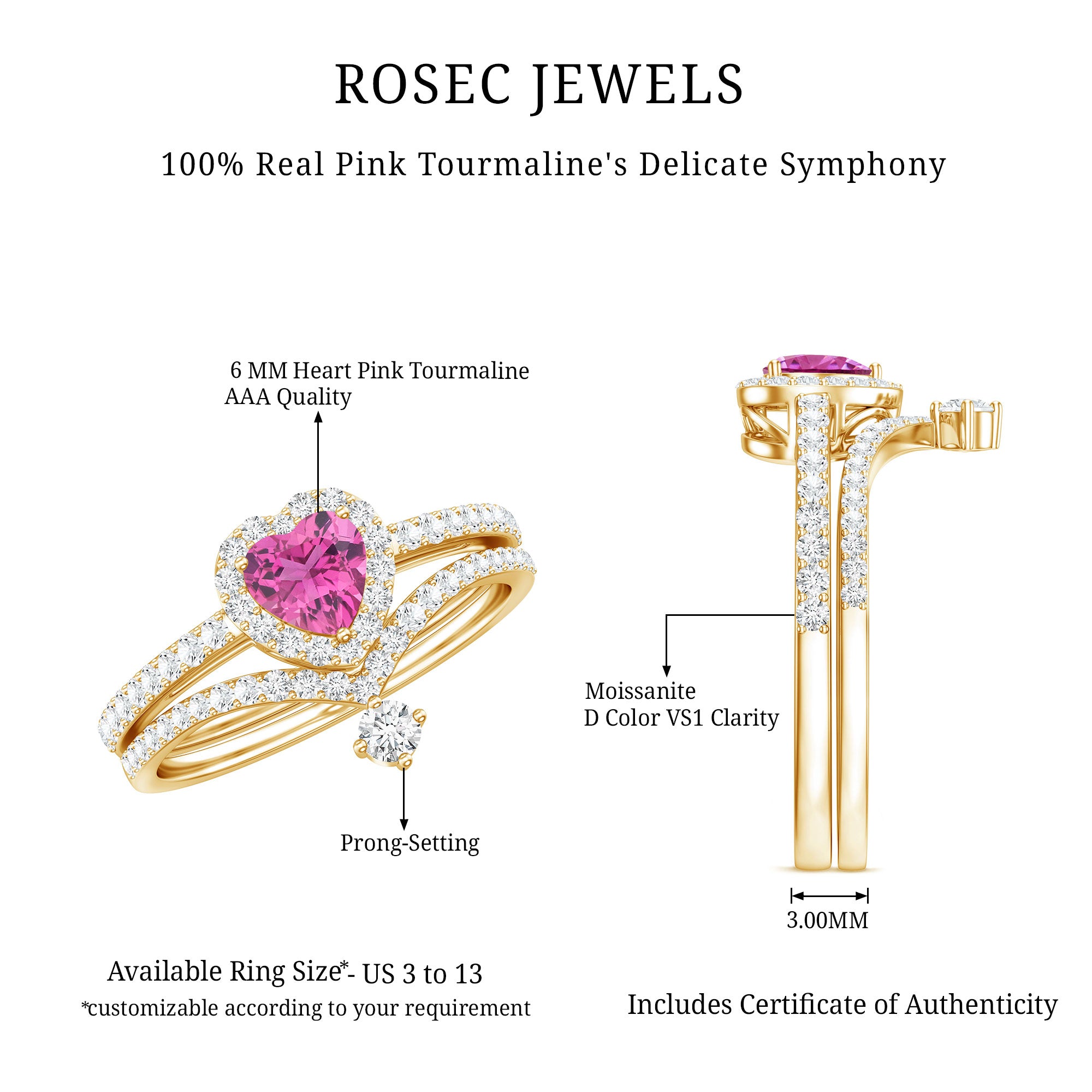 Genuine Pink Tourmaline Ring Set with Moissanite AAA - Rosec Jewels