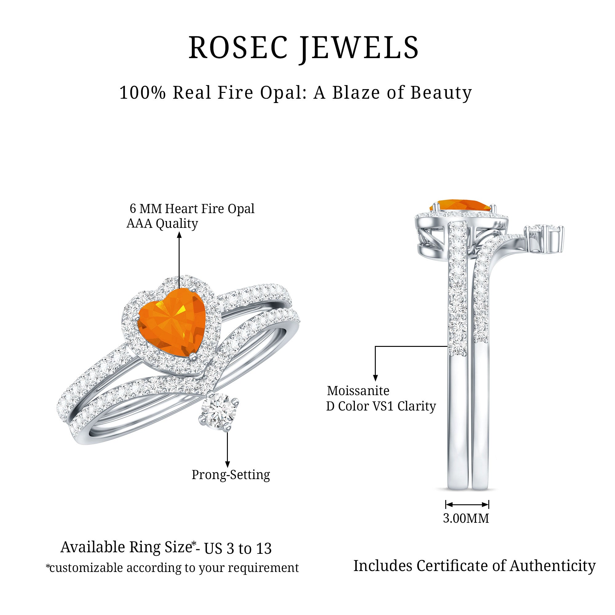 Heart Shape Fire Opal Ring Set with Moissanite AAA - Rosec Jewels