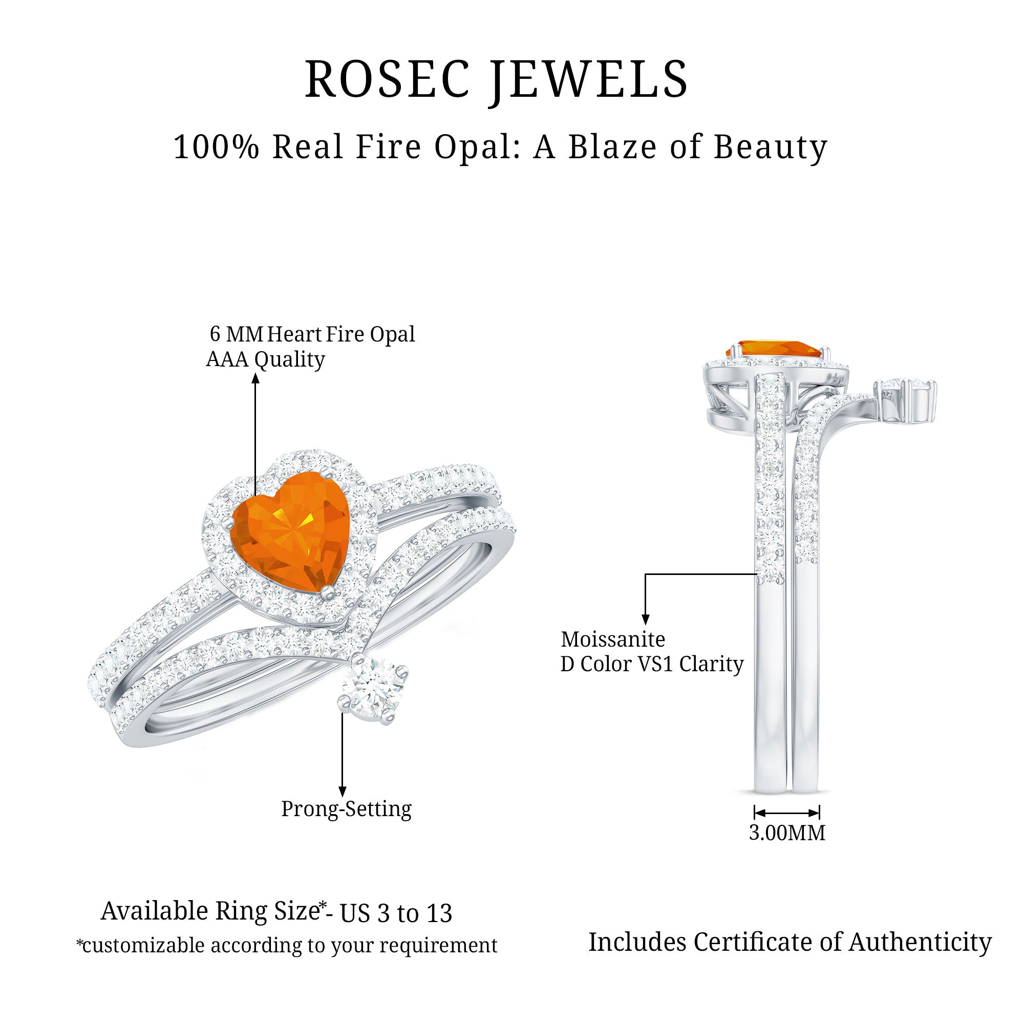 Heart Shape Fire Opal Ring Set with Moissanite AAA - Rosec Jewels