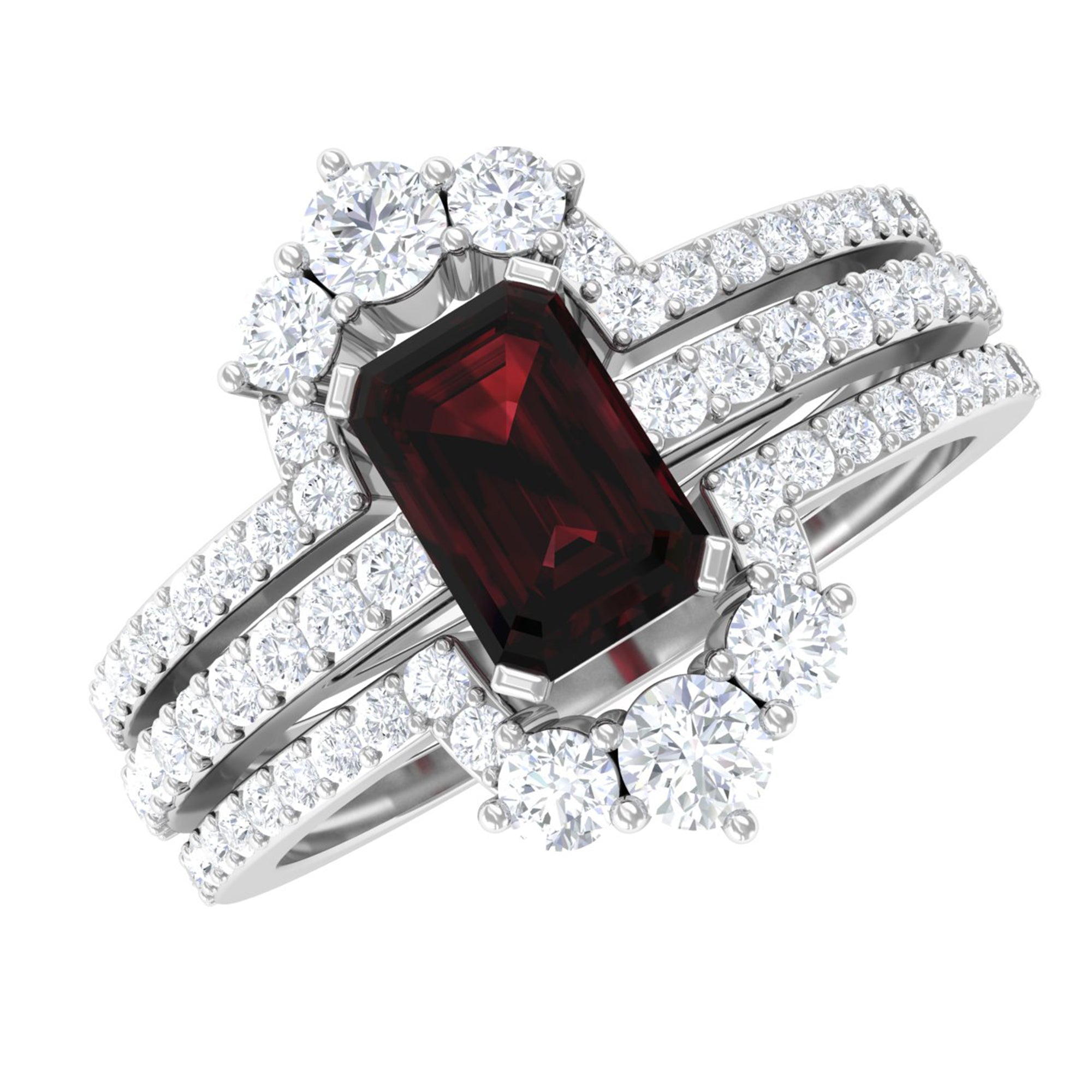 Real Emerald Cut Garnet Diamond 3 Piece Bridal Ring Set