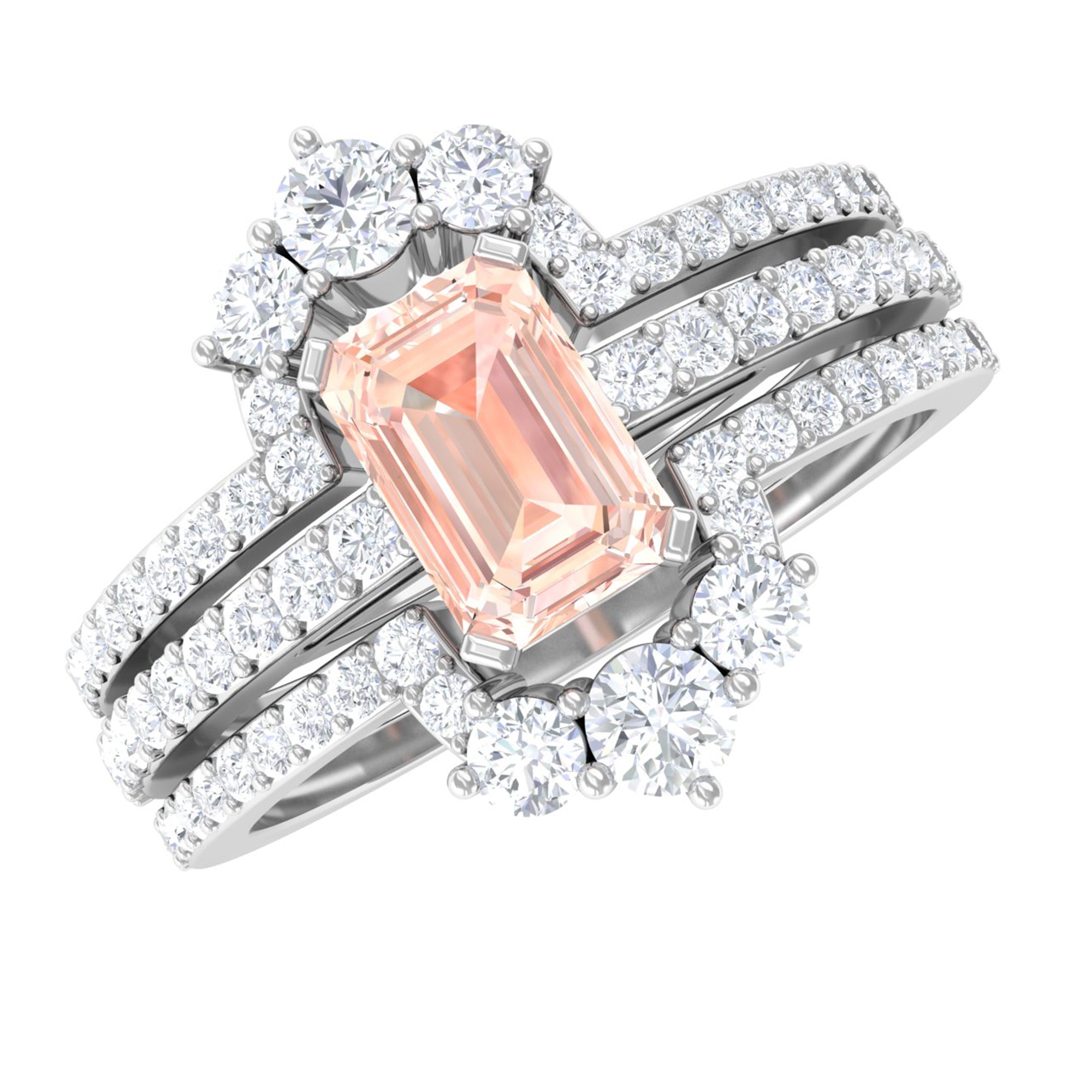 Emerald Cut Morganite Solitaire Trio Ring Set with Diamond
