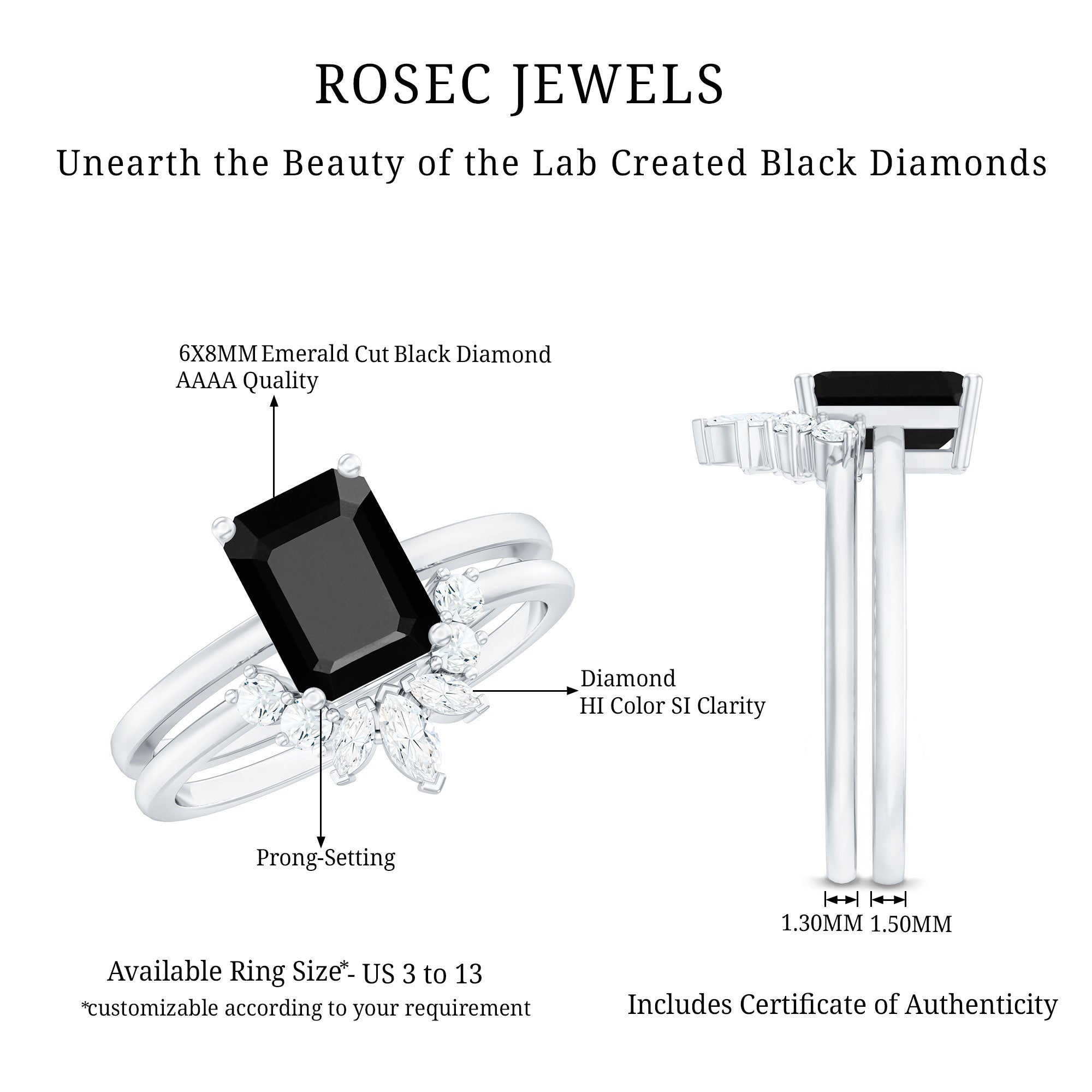 Rosec Jewels-Lab Created Black Diamond Solitaire Wedding Ring Set with Diamond