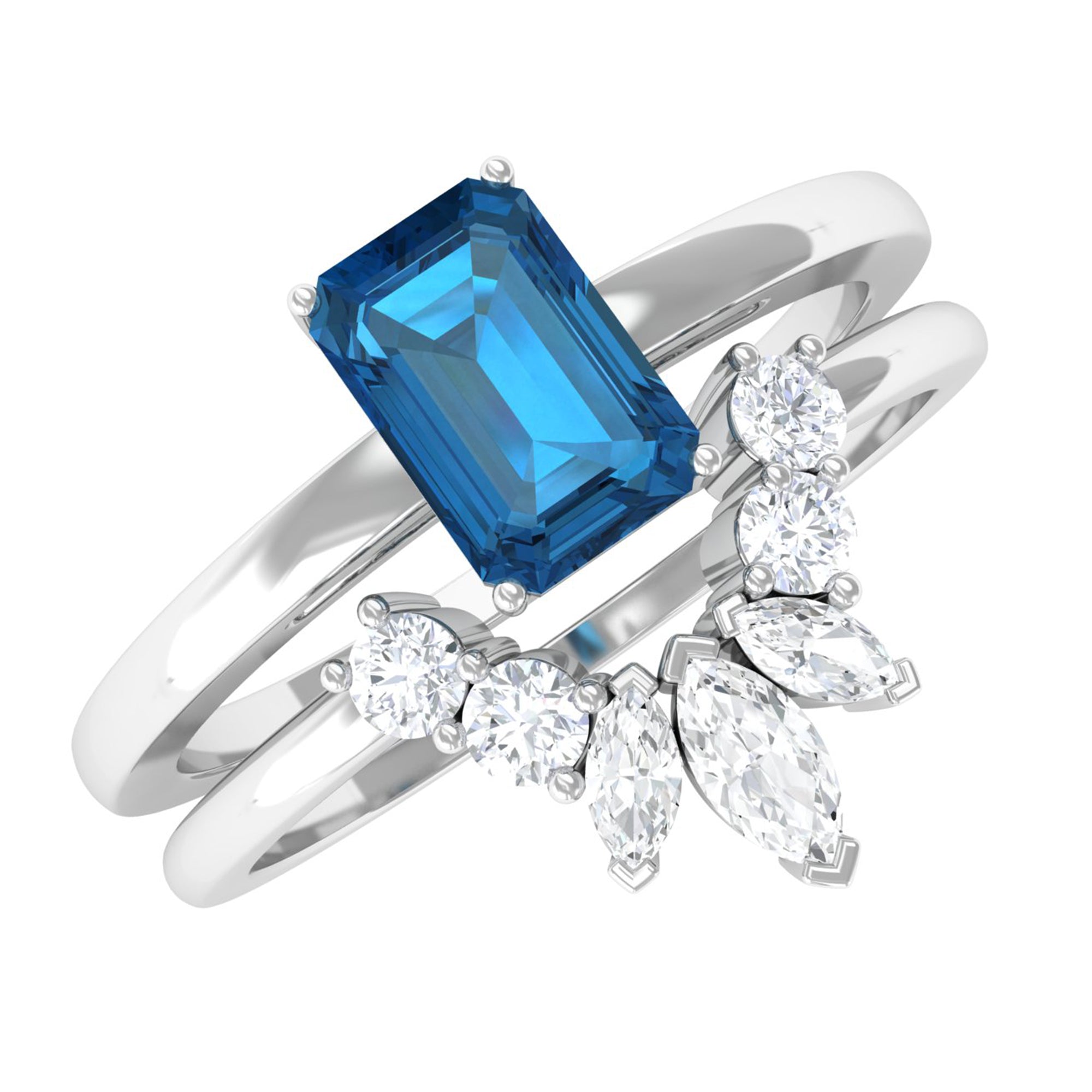 4X6mm Emerald Cut London Blue Topaz Solitaire Ring Set with Diamond