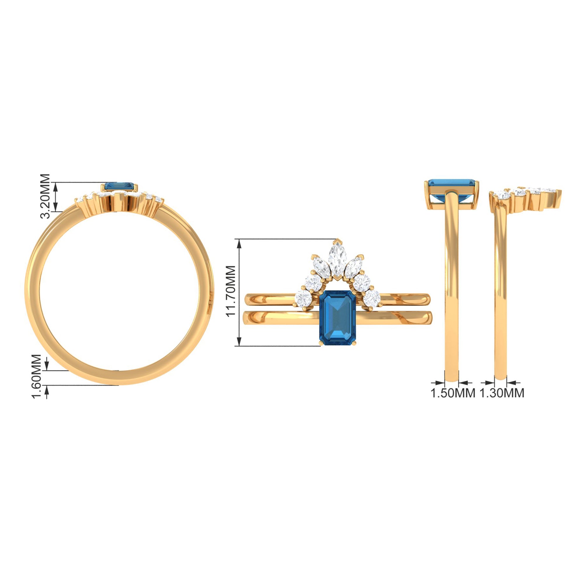 4X6mm Emerald Cut London Blue Topaz Solitaire Ring Set with Diamond AAA - Rosec Jewels