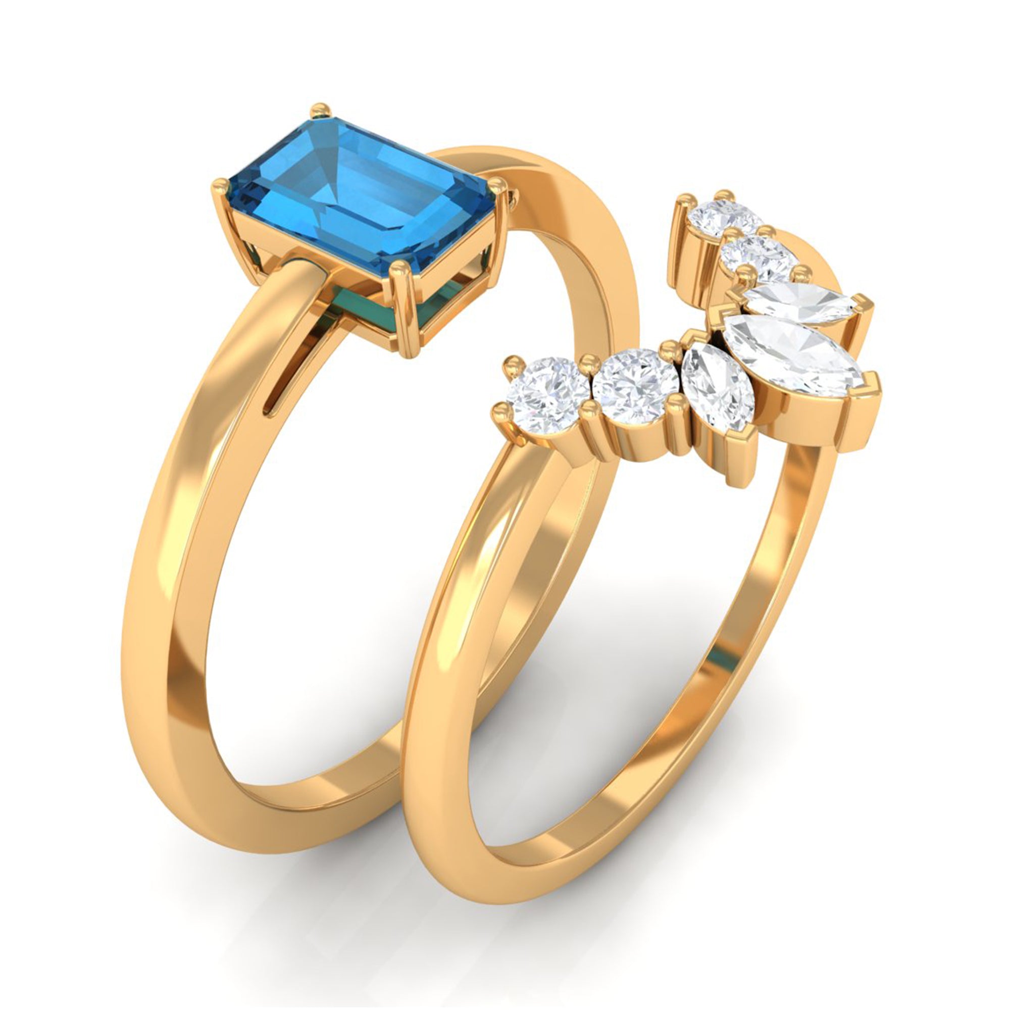 4X6mm Emerald Cut London Blue Topaz Solitaire Ring Set with Diamond AAA - Rosec Jewels