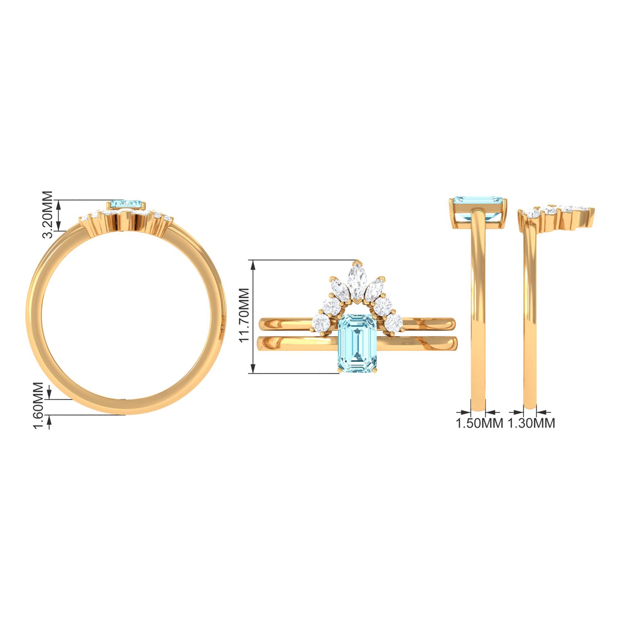 Natural Emerald Cut Aquamarine Engagement Ring with Diamond Wedding Band AAA - Rosec Jewels