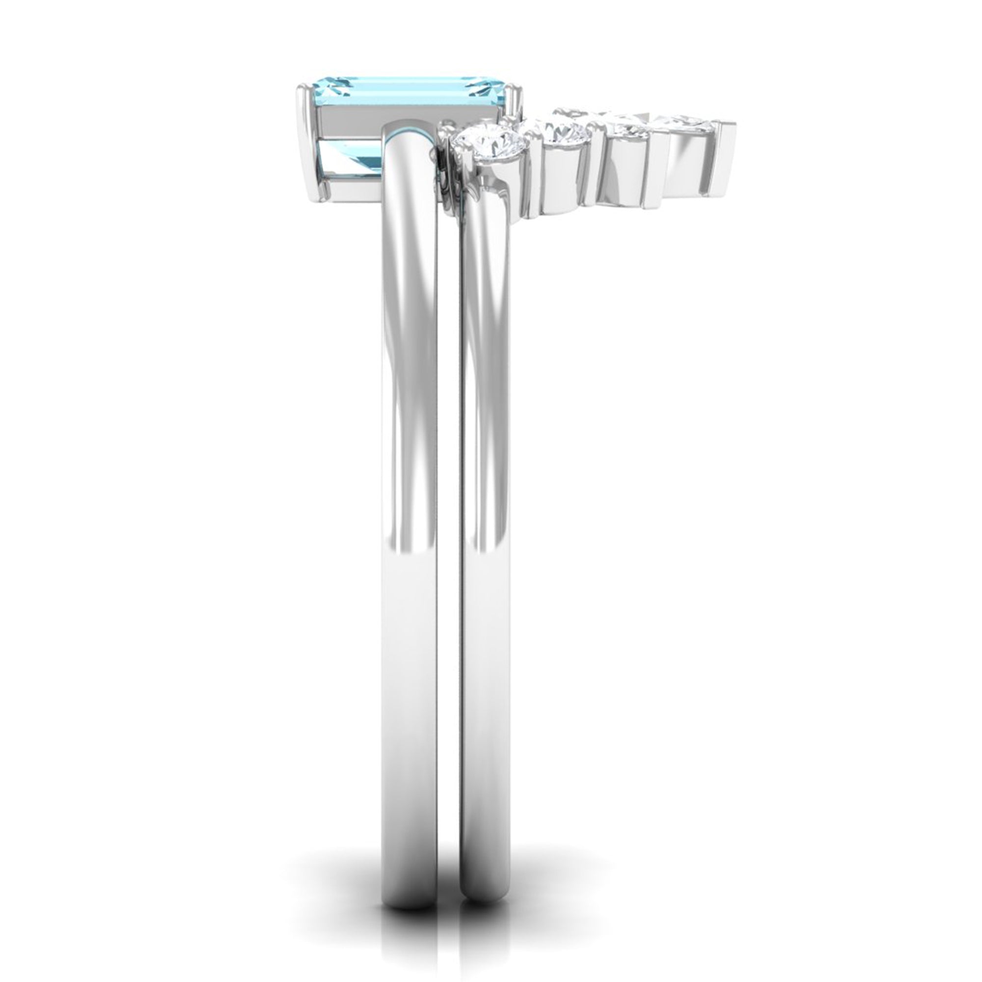 Natural Emerald Cut Aquamarine Engagement Ring with Diamond Wedding Band AAA - Rosec Jewels