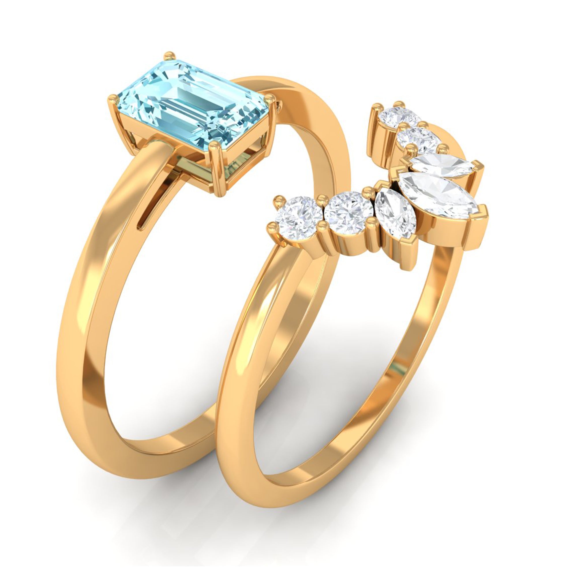 Natural Emerald Cut Aquamarine Engagement Ring with Diamond Wedding Band AAA - Rosec Jewels