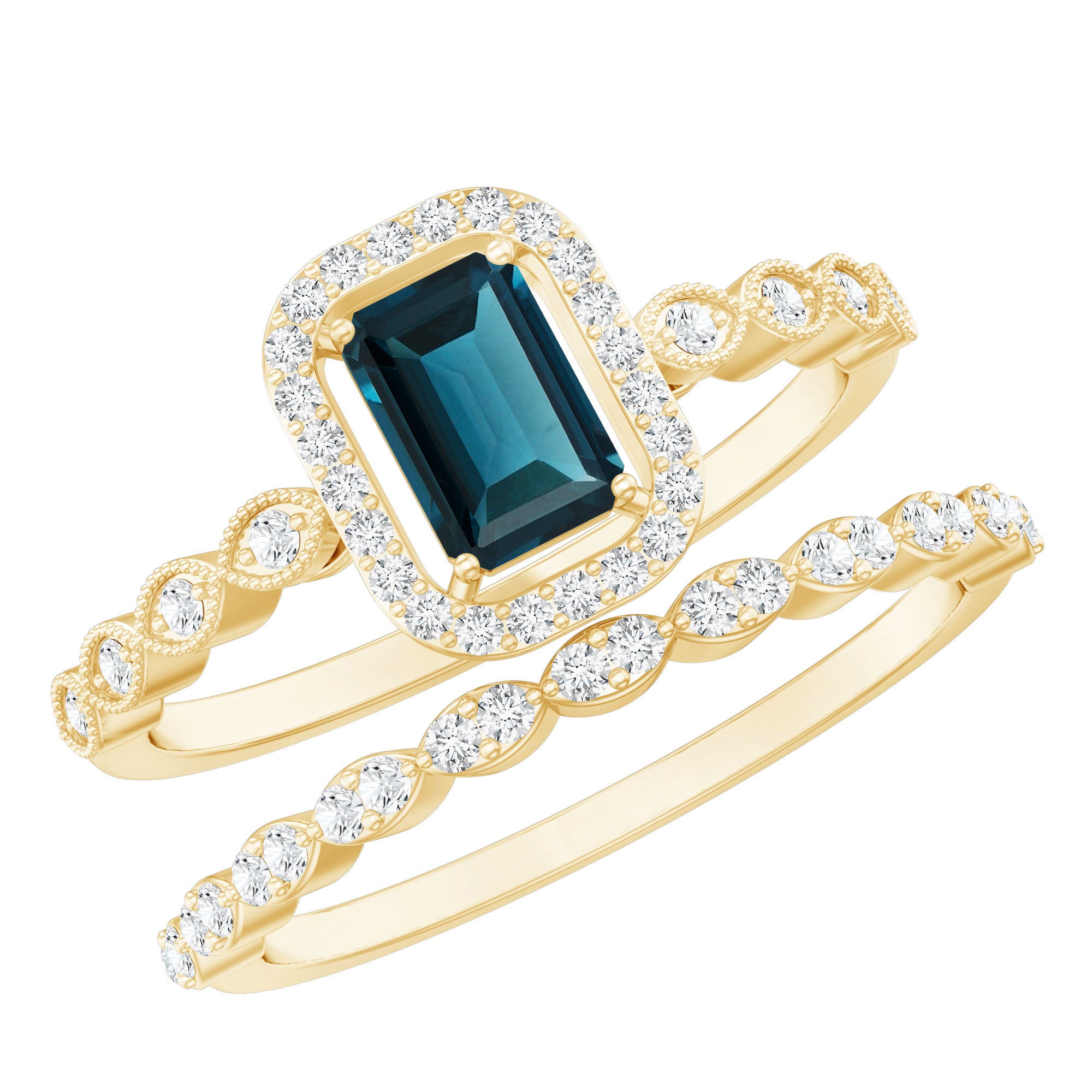 London Blue Topaz and Diamond Vintage Inspired Wedding Ring Set AAA - Rosec Jewels