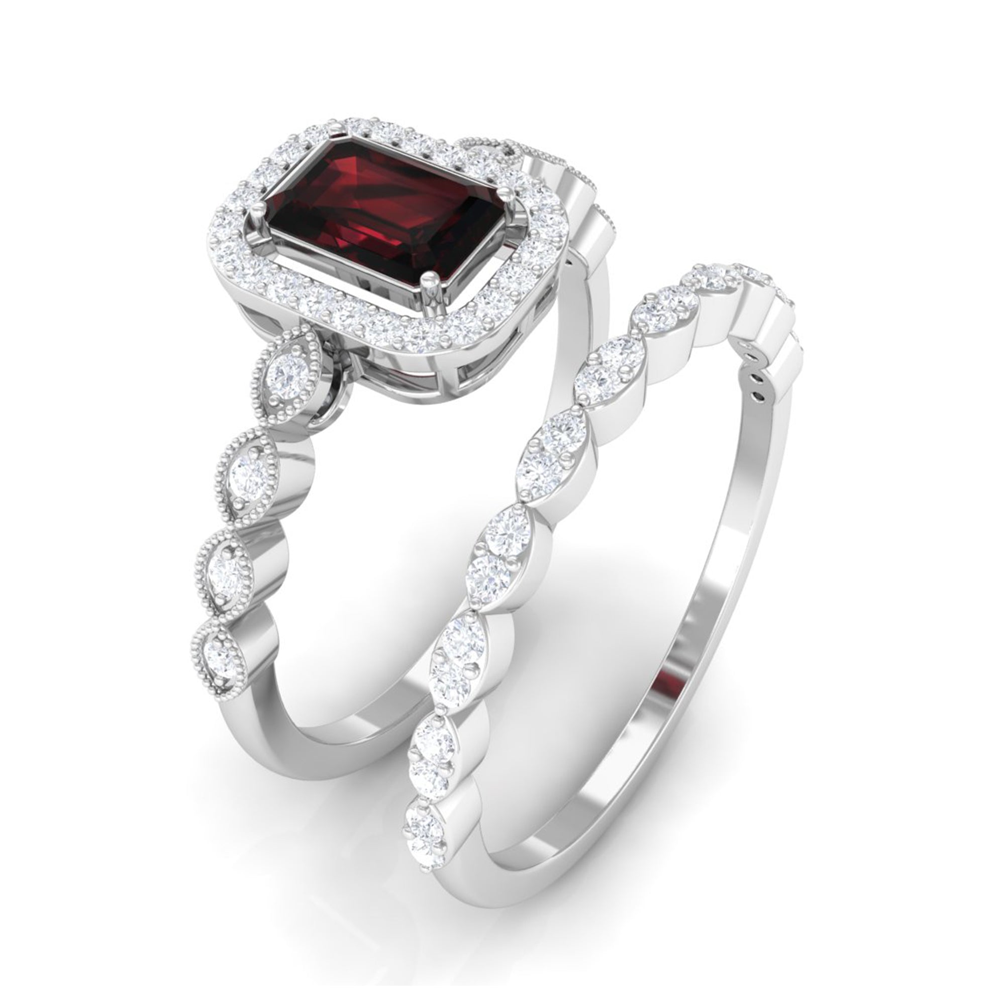 Vintage Looking Garnet Diamond Emerald Cut Wedding Bridal Ring Set AAA - Rosec Jewels