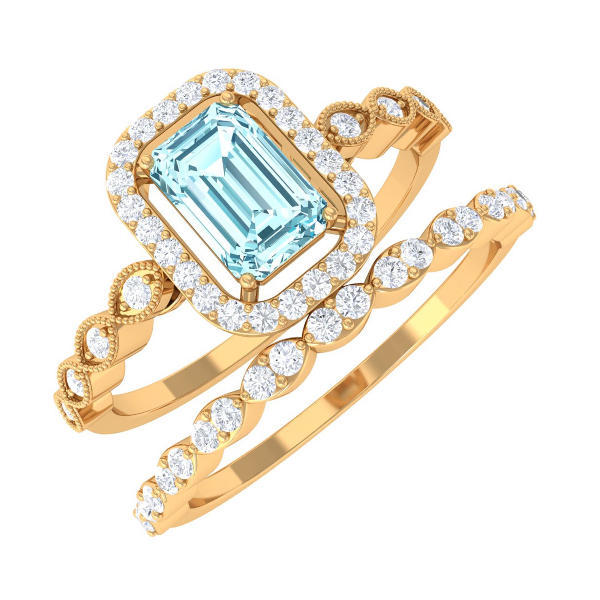 Certified 0.6 Carat Emerald Cut Aquamarine and Diamond Designer Ring Set AAA - Rosec Jewels
