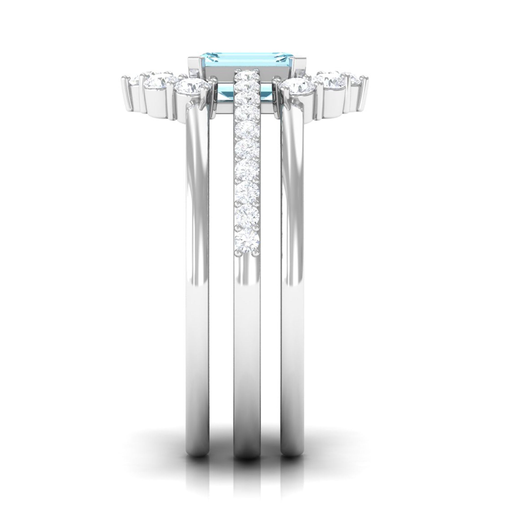 Certified Emerald Cut Real Aquamarine Trio Wedding Ring Set with Diamond AAA - Rosec Jewels
