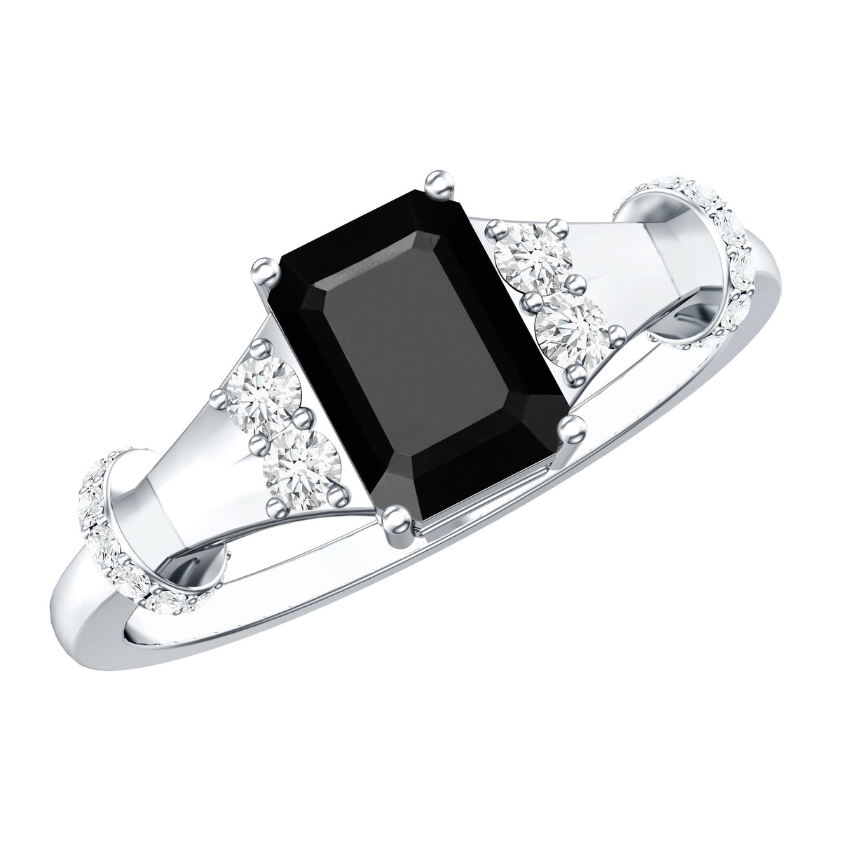 Emerald Cut Black Onyx Engagement Ring with Diamond AAA - Rosec Jewels