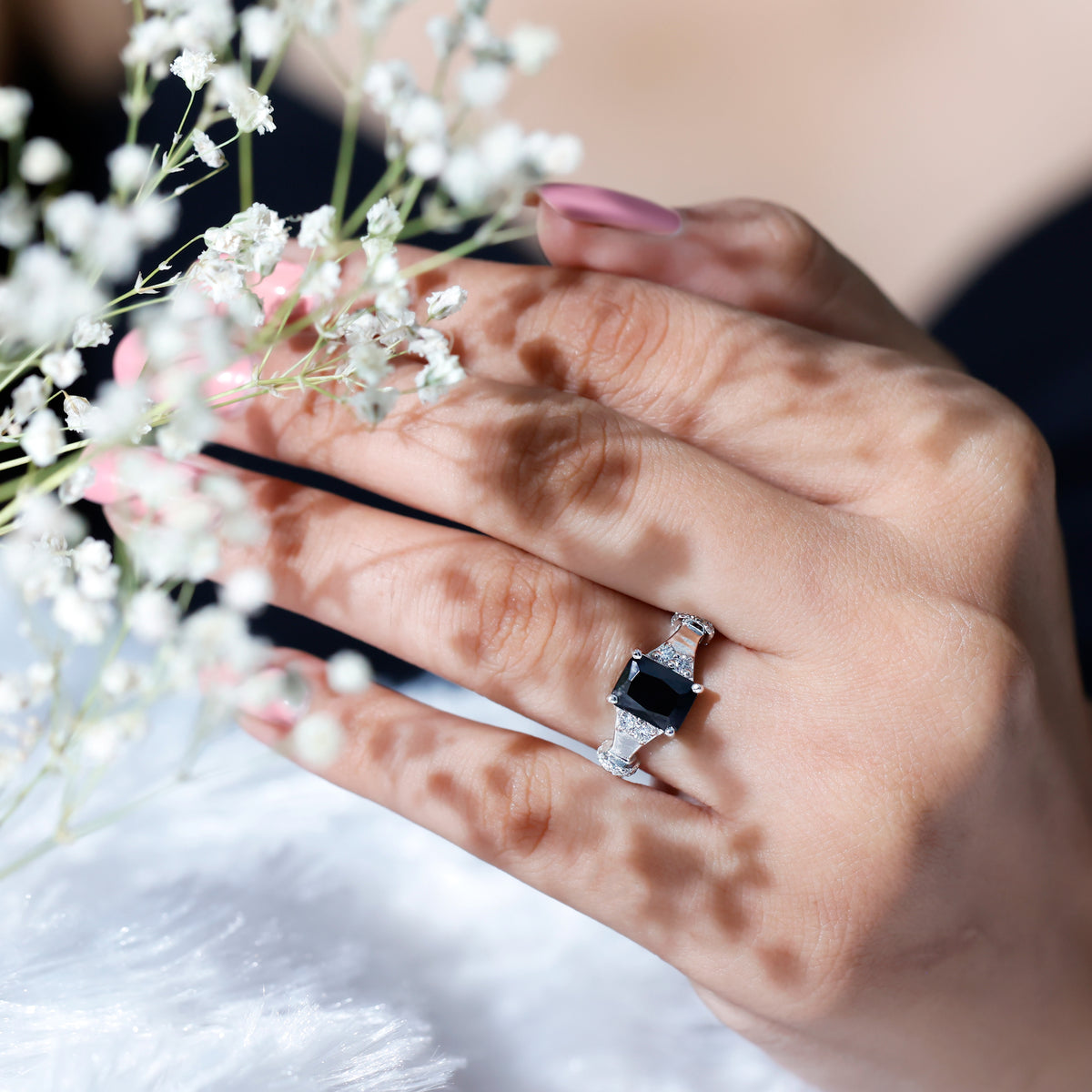 Emerald Cut Black Onyx Engagement Ring with Diamond AAA - Rosec Jewels