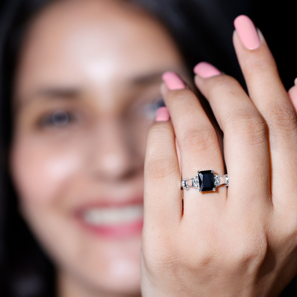 Emerald Cut Black Onyx Engagement Ring with Diamond AAA - Rosec Jewels
