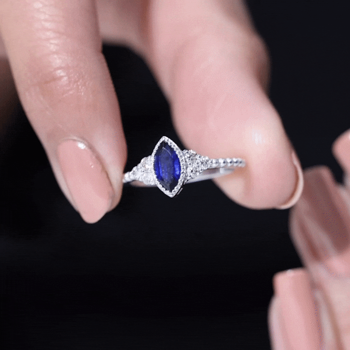 Vintage Style 0.7 Carat Lab Grown Blue Sapphire Marquise Engagement Ring with Diamond Trio AAAA - Rosec Jewels