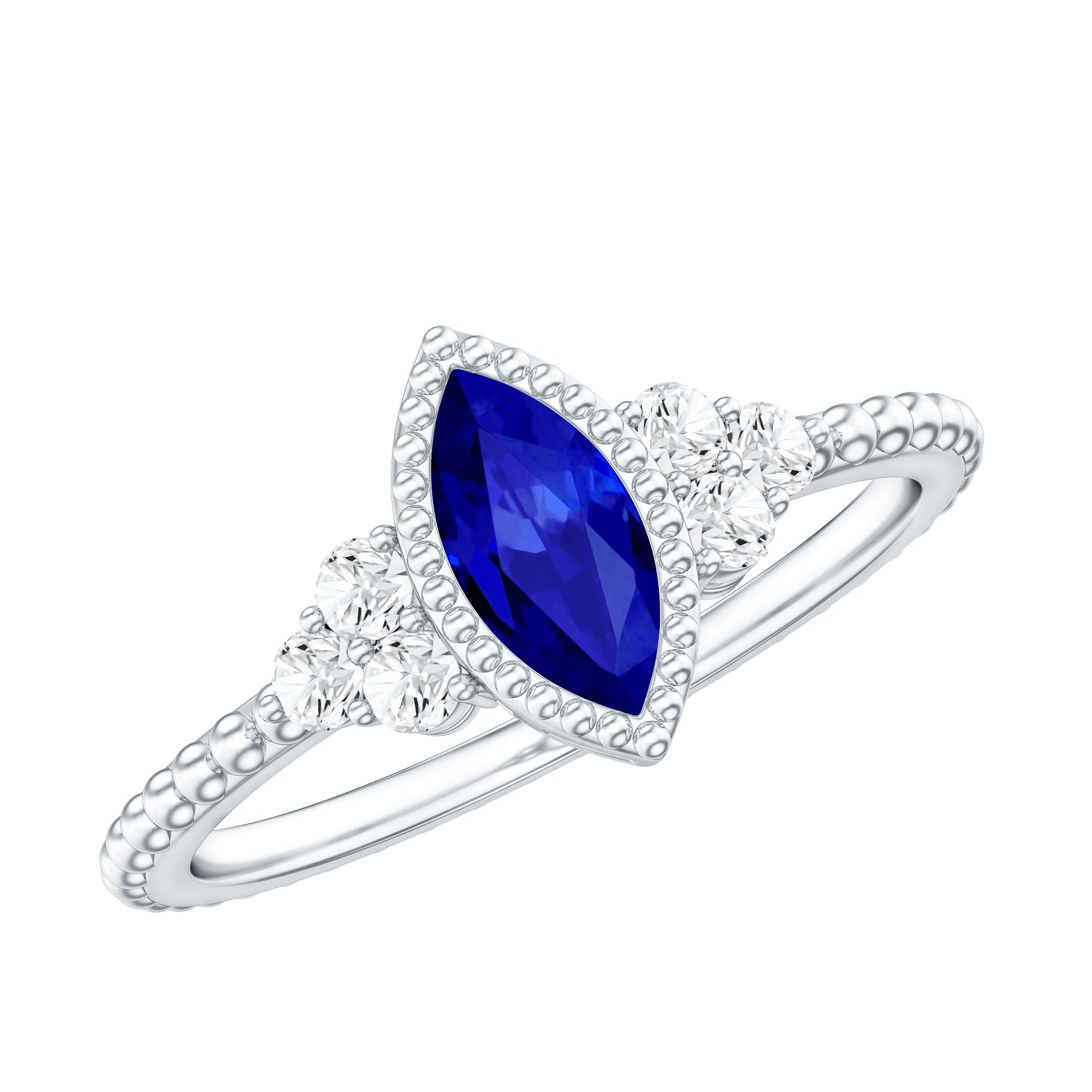 Vintage Style 0.7 Carat Lab Grown Blue Sapphire Marquise Engagement Ring with Diamond Trio AAAA - Rosec Jewels