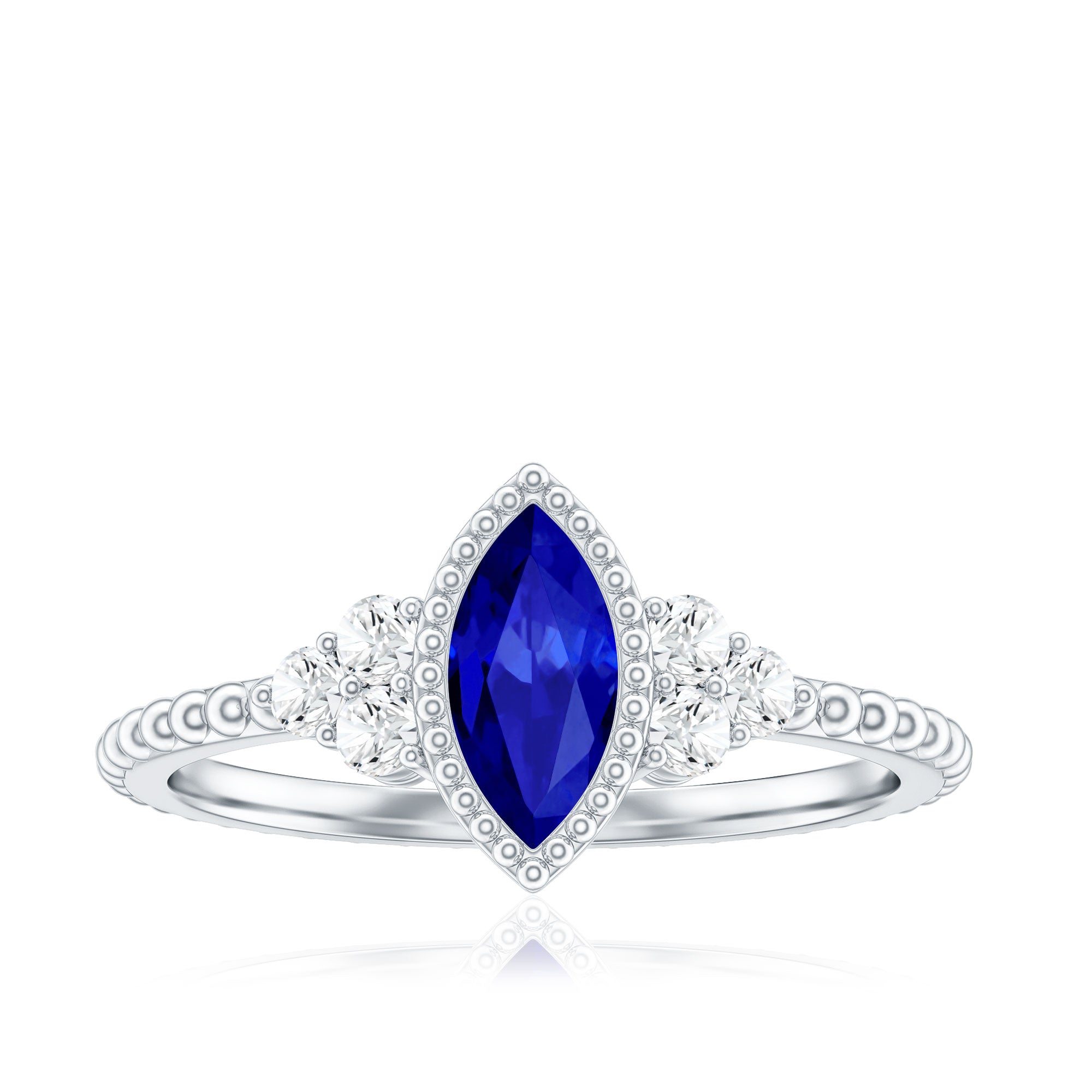 Vintage Style 0.7 Carat Lab Grown Blue Sapphire Marquise Engagement Ring with Diamond Trio AAAA - Rosec Jewels