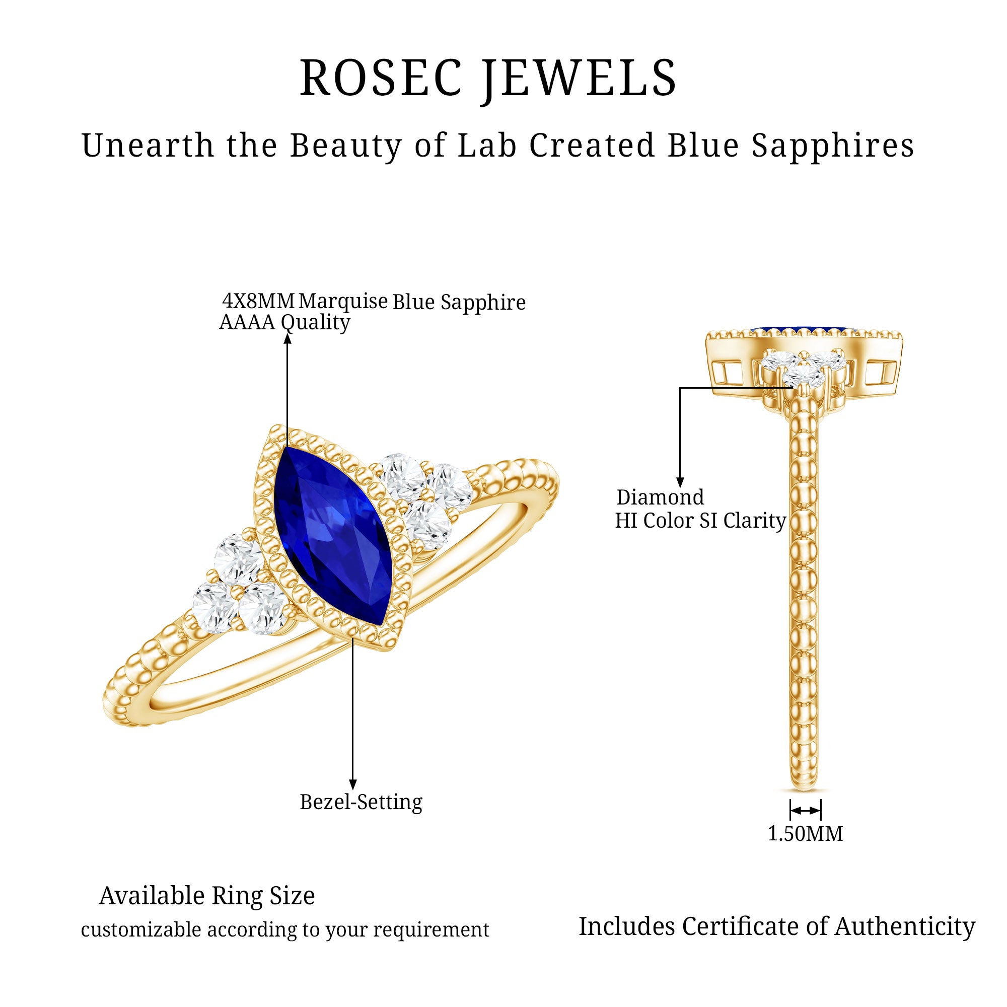 Vintage Style 0.7 Carat Lab Grown Blue Sapphire Marquise Engagement Ring with Diamond Trio AAAA - Rosec Jewels