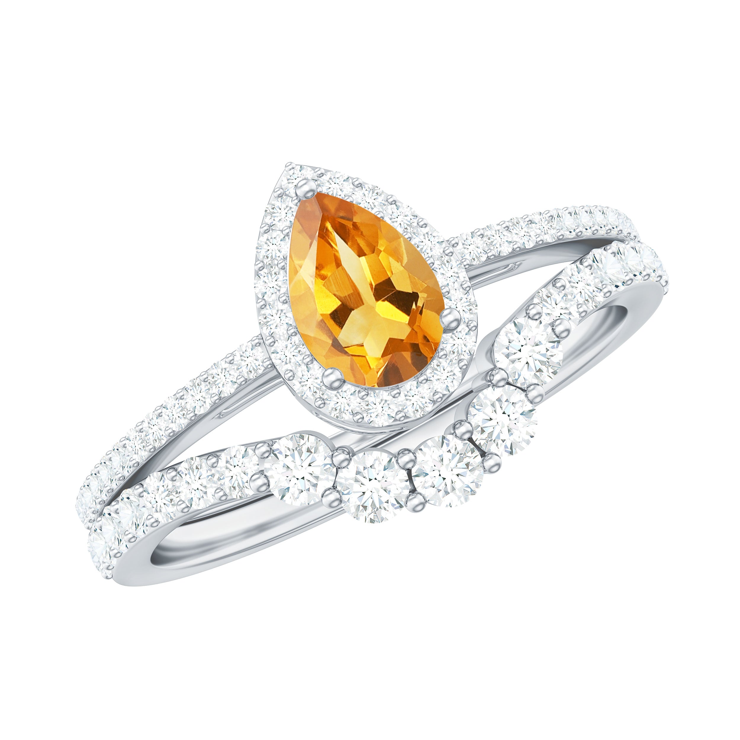 Natural Citrine Teardrop Engagement Ring with Wedding Band AAA - Rosec Jewels