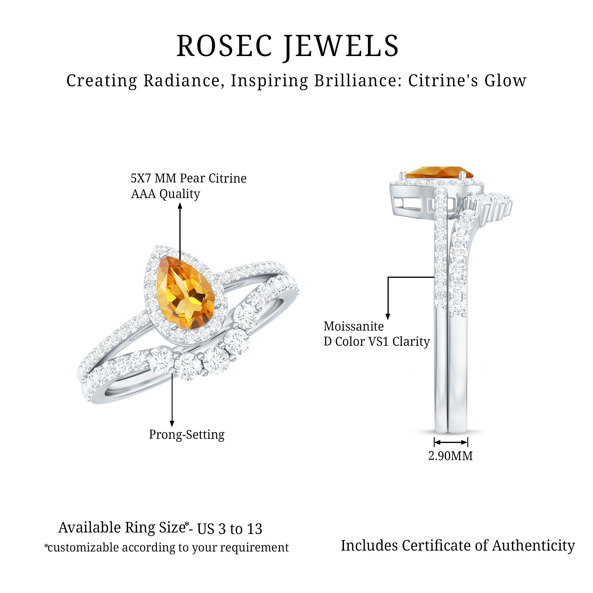 Natural Citrine Teardrop Engagement Ring with Wedding Band AAA - Rosec Jewels