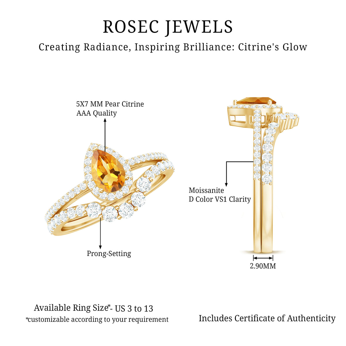 Natural Citrine Teardrop Engagement Ring with Wedding Band AAA - Rosec Jewels