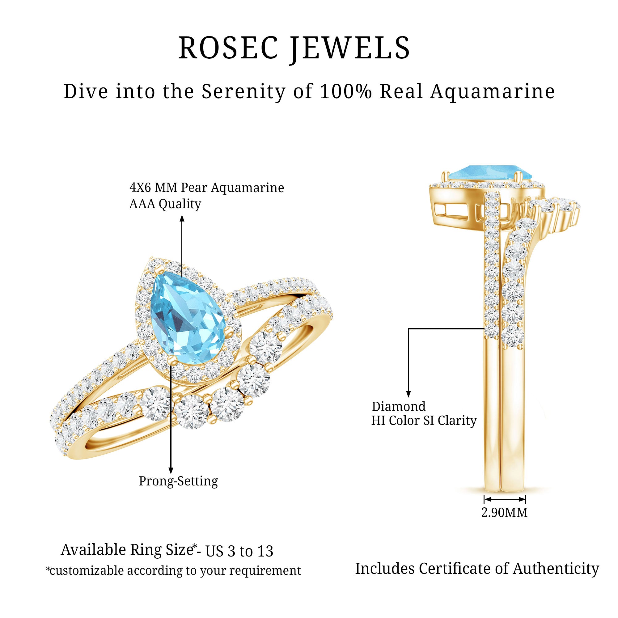 Genuine Aquamarine Teardrop Bridal Ring Set with Diamond Halo AAA - Rosec Jewels