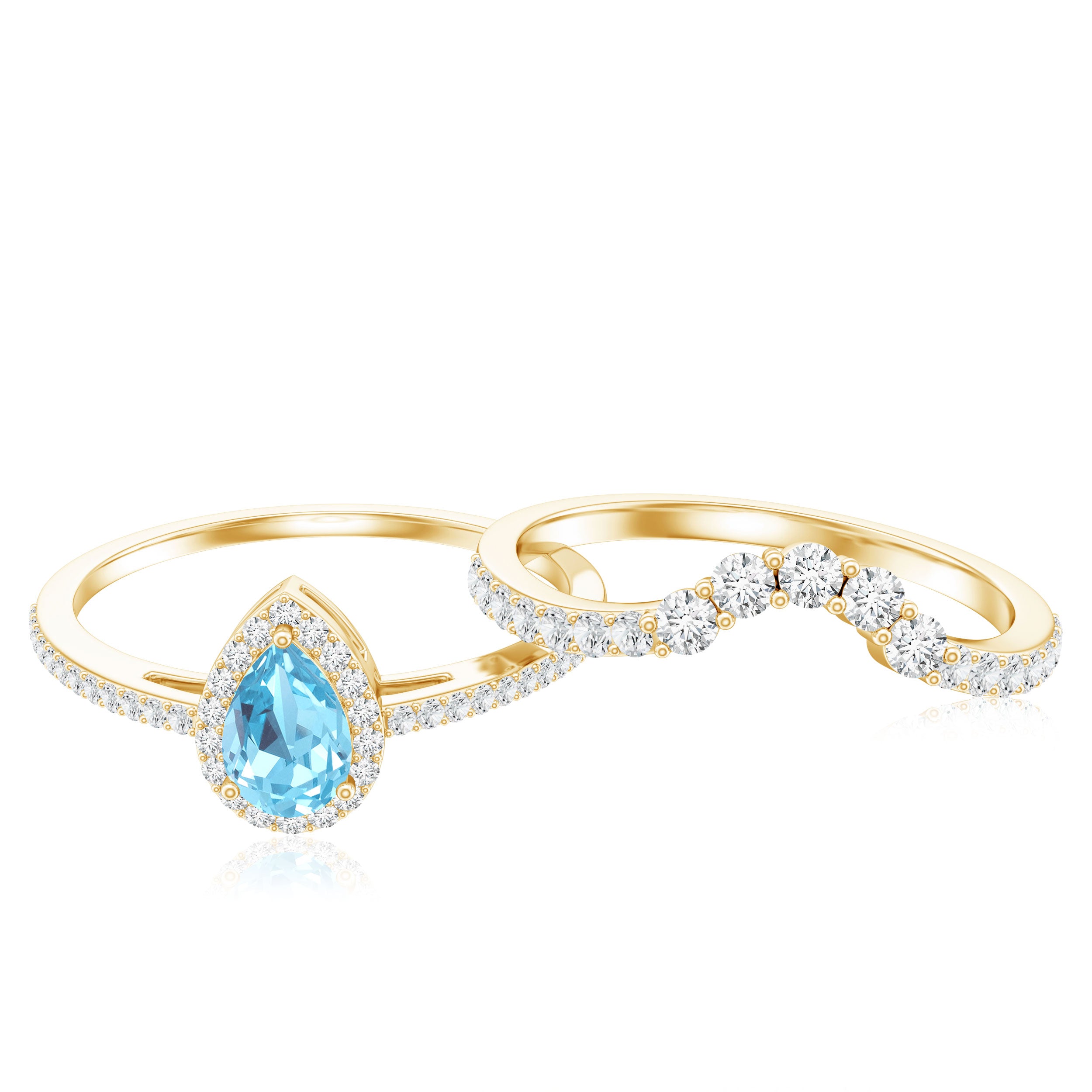 Genuine Aquamarine Teardrop Bridal Ring Set with Diamond Halo AAA - Rosec Jewels