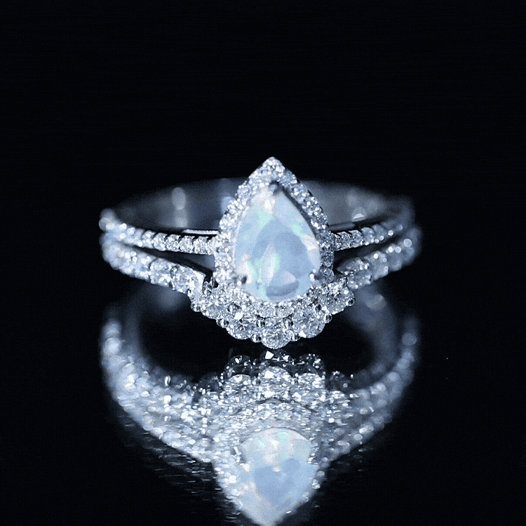 Certified Natural Ethiopian Opal Teardrop Wedding Engagement Ring Set of 2 AAA - Rosec Jewels