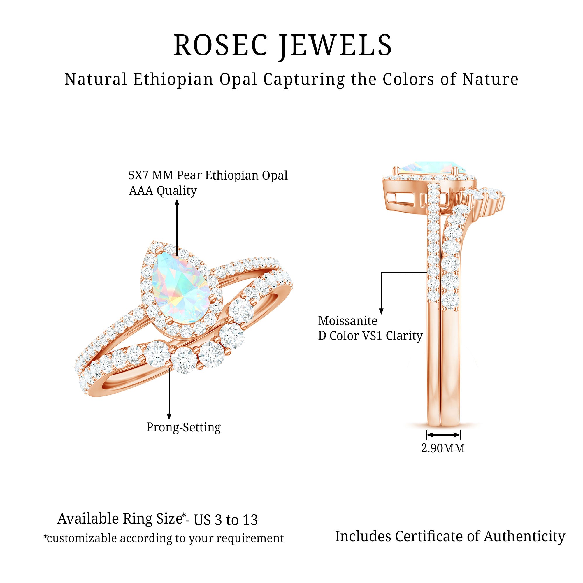 Certified Natural Ethiopian Opal Teardrop Wedding Engagement Ring Set of 2 AAA - Rosec Jewels