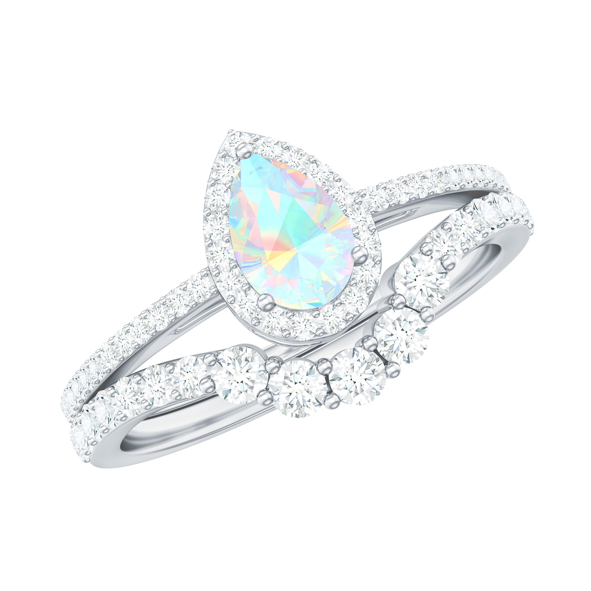 Certified Natural Ethiopian Opal Teardrop Wedding Engagement Ring Set of 2 AAA - Rosec Jewels