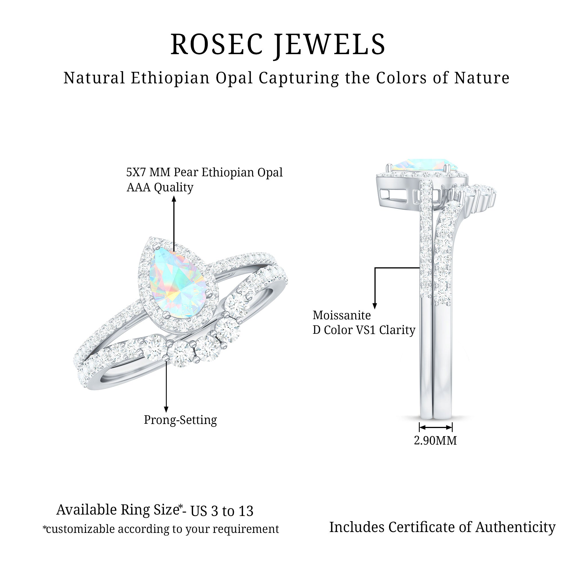 Certified Natural Ethiopian Opal Teardrop Wedding Engagement Ring Set of 2 AAA - Rosec Jewels